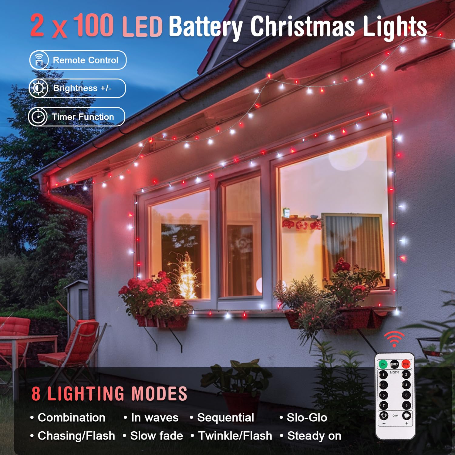 JMEXSUSS Confezione da 2 luci rosse e bianche a batteria, ogni 10 m 100 LED alimentate a batteria con telecomando per feste esterne di compleanno