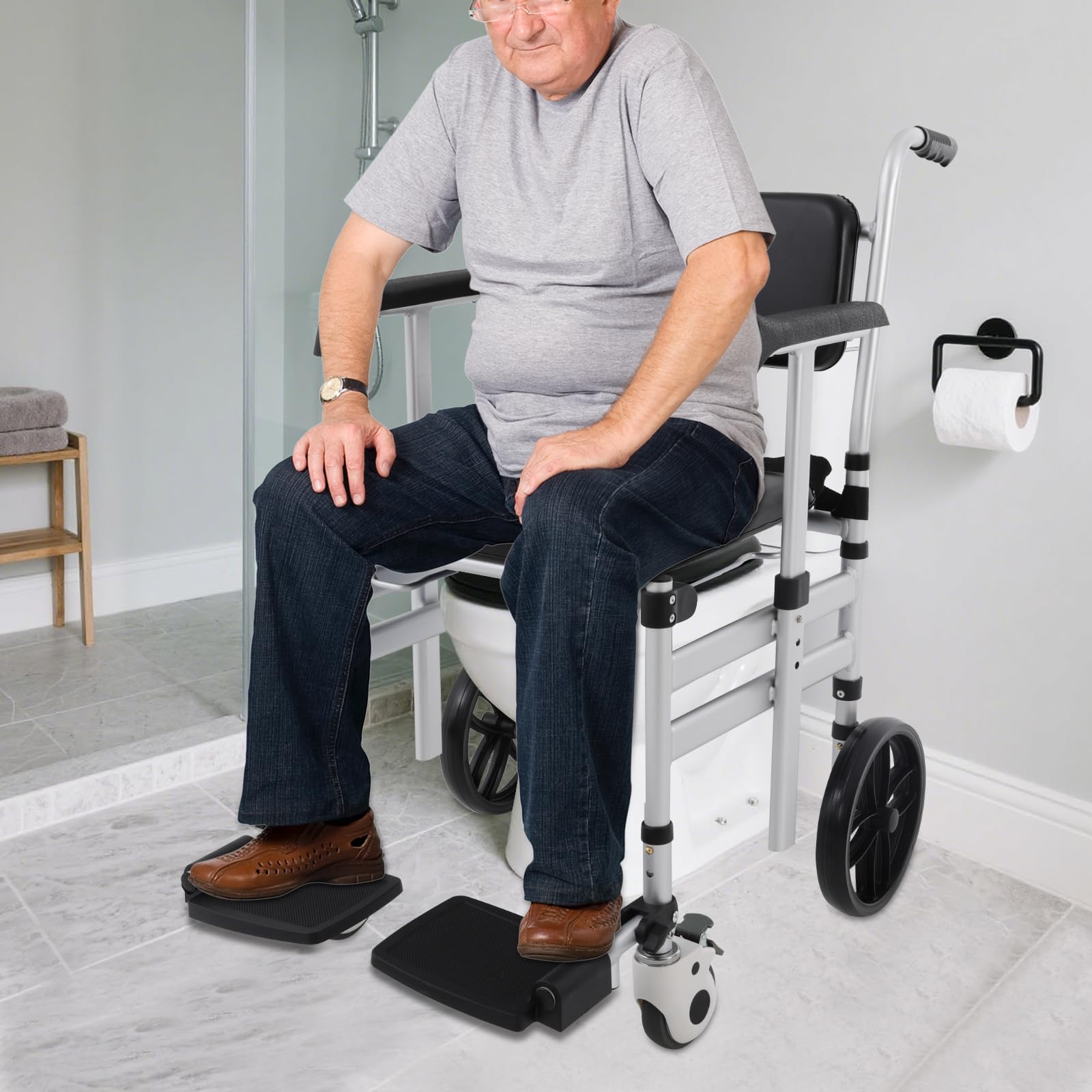 Silla de baño plegable con ruedas,Silla de aseo de aluminio ajustable en altura,Silla de inodoro móvil para personas mayores,Capacidad de carga de 150 kg