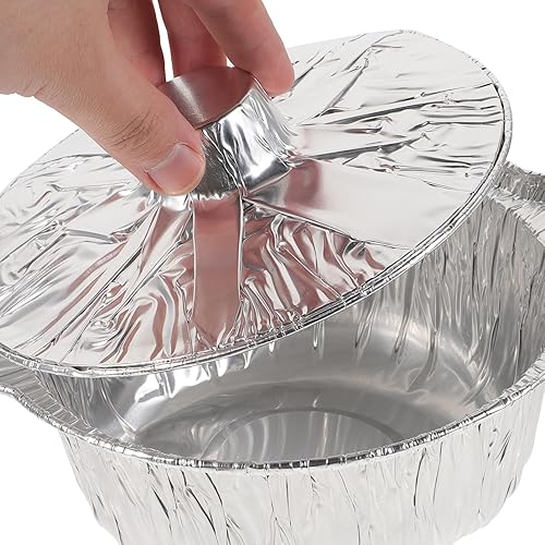 Miniatura 9 de BESPORTBLE 5 juegos de sartenes redondas de aluminio con tapa, 33.8 fl oz de papel de aluminio para hornear, olla de papel de aluminio, utensilios