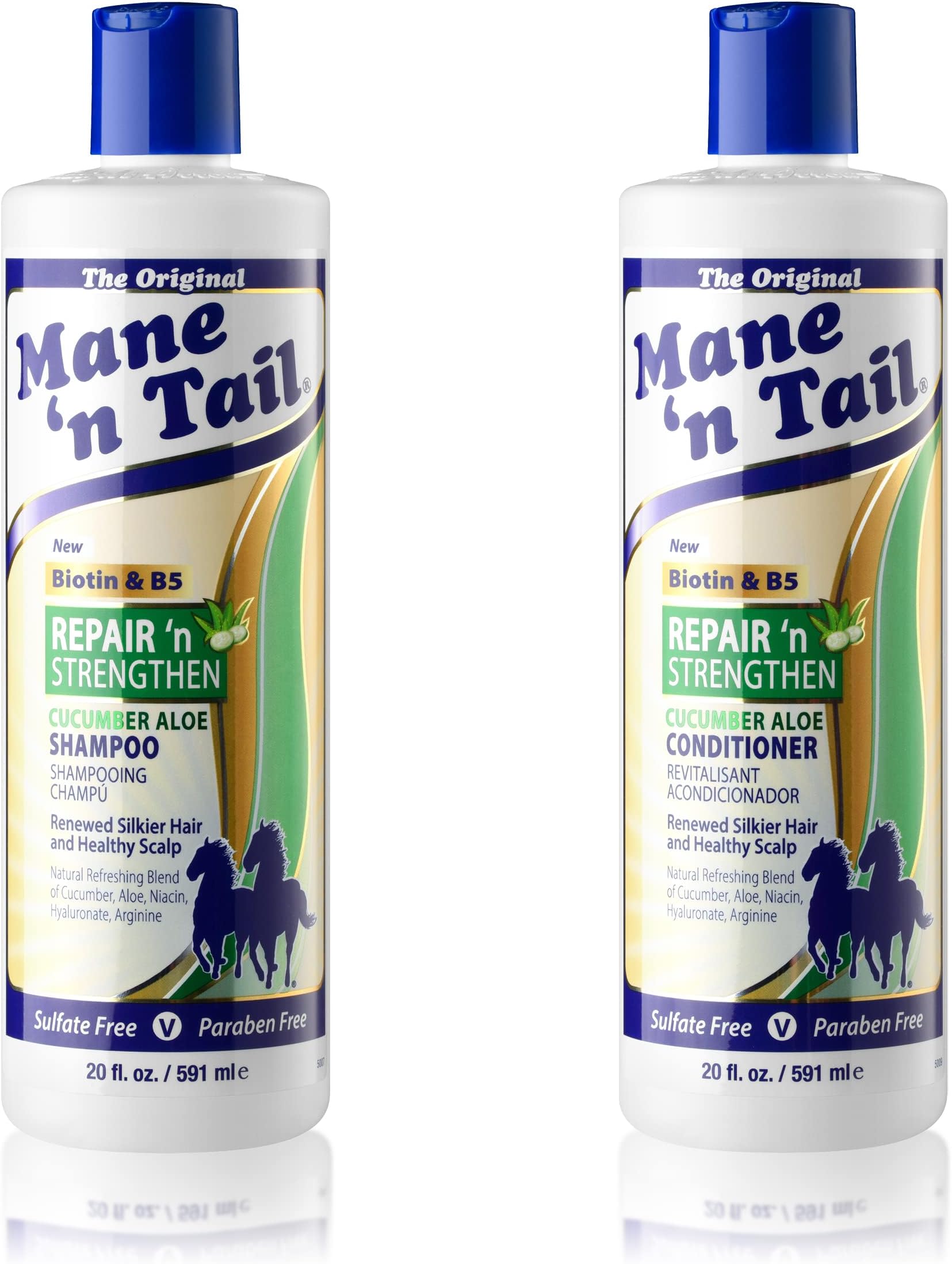 Mane 'n Tail Repair 'n Strengthen Shampoo & Conditioner (20 Oz Each) – Cucumber & Aloe, Sulfate & Paraben Free, Vegan, with Argan, Coconut, Hyaluronate & Biotin for Strong, Healthy Hair