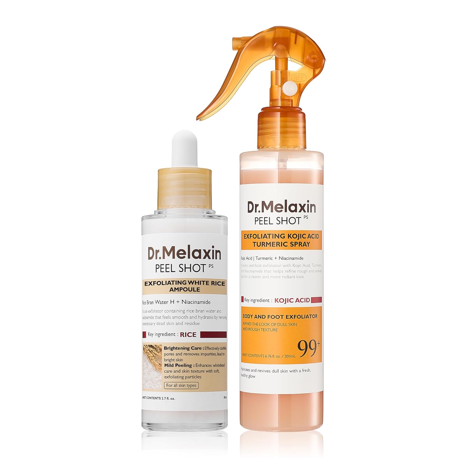 Dr.Melaxin Body & Face Peel Shot Duo Glow Rice Peeling Ampoule Kojic Acid & Turmeric spray