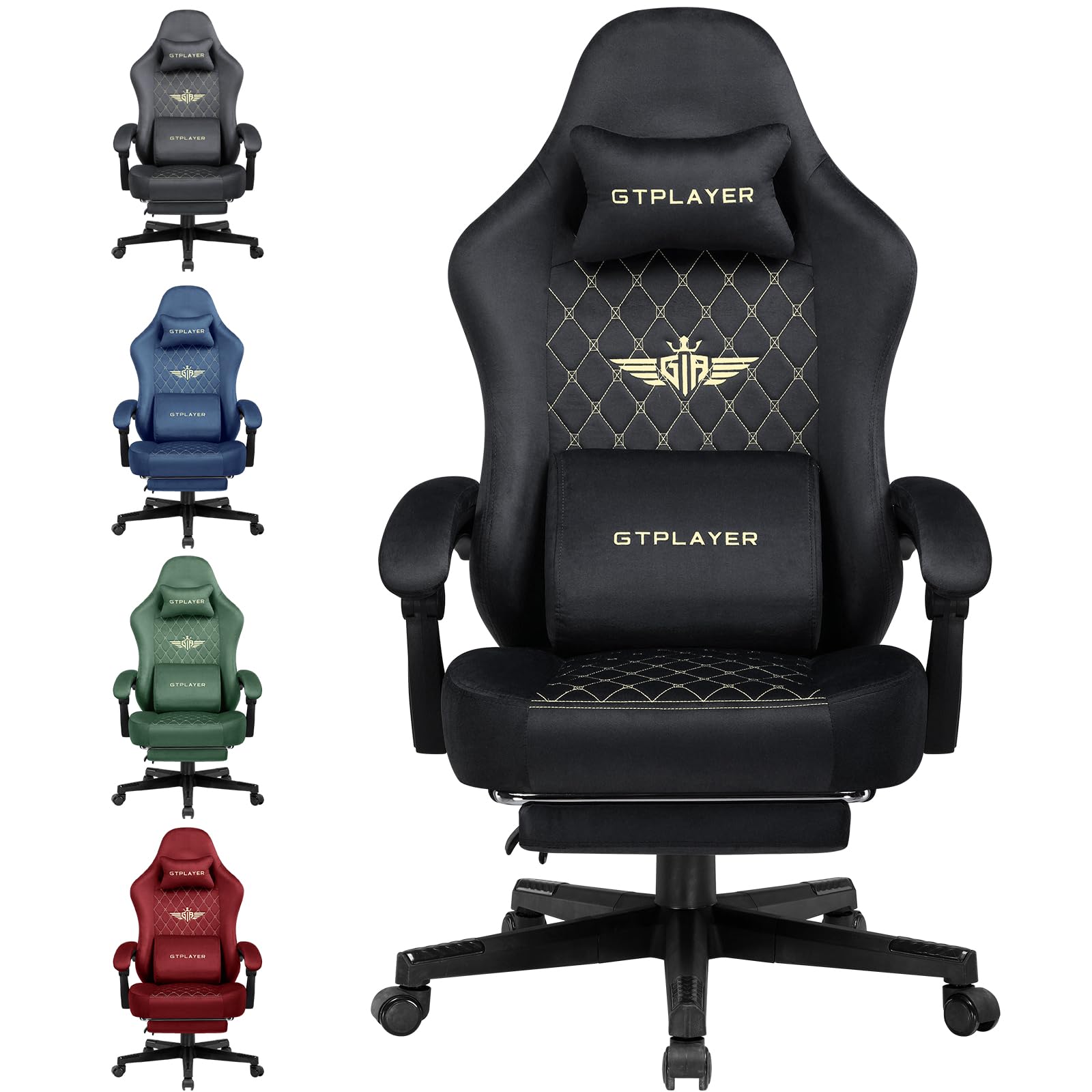 GTPLAYER Sedia Gaming Poltrona Gaming Tessuto Sedia Gamer Ergonomica Ufficio Sedia PC 150 kg Sedia da tavolo regolabile e girevole con Cuscino Seduta a Molle e Poggiapiedi, Nero