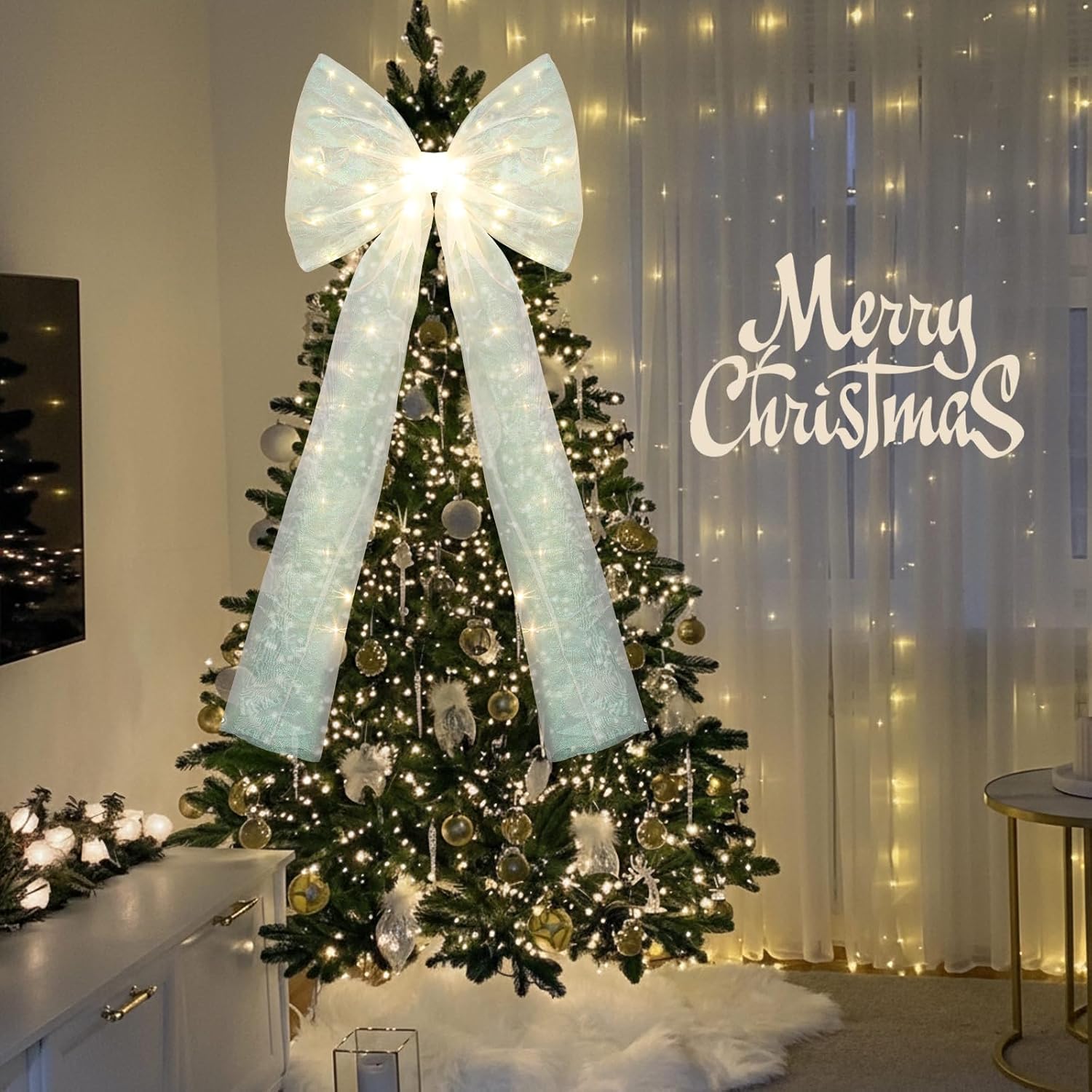 Soulchen Giant LED Christmas Tree Topper Bow Decor, 50 x 24 Inch Large White Mesh Streamer 3D Xmas Tree Top Bow with Lights for Home, Wedding, Birthday Party, Indoor Outdoor Holiday Decoration - Image 7