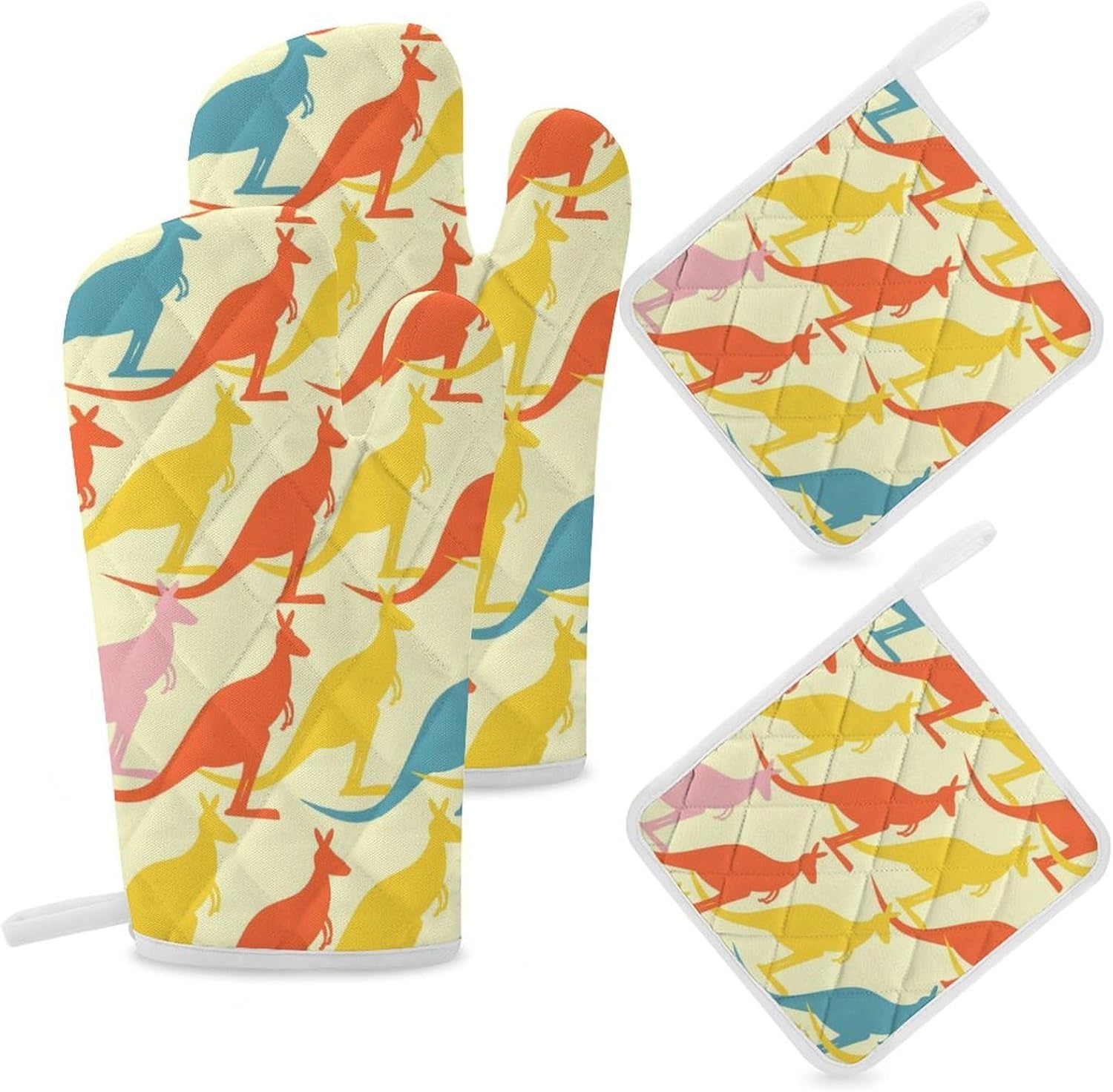 Beautiful Kangaroos Pattren Oven Mitts and Pot Holders 4Pcs Set Heat Resistant Cooking Mitts Hot Pads