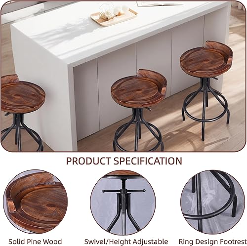 Miniatura 3 de Set of 2 Industrial Bar Stools with Mini Backrest Swivel Wooden Seat Counter Height Adjustable 24.4-30.3inch Kitchen Dining Chair