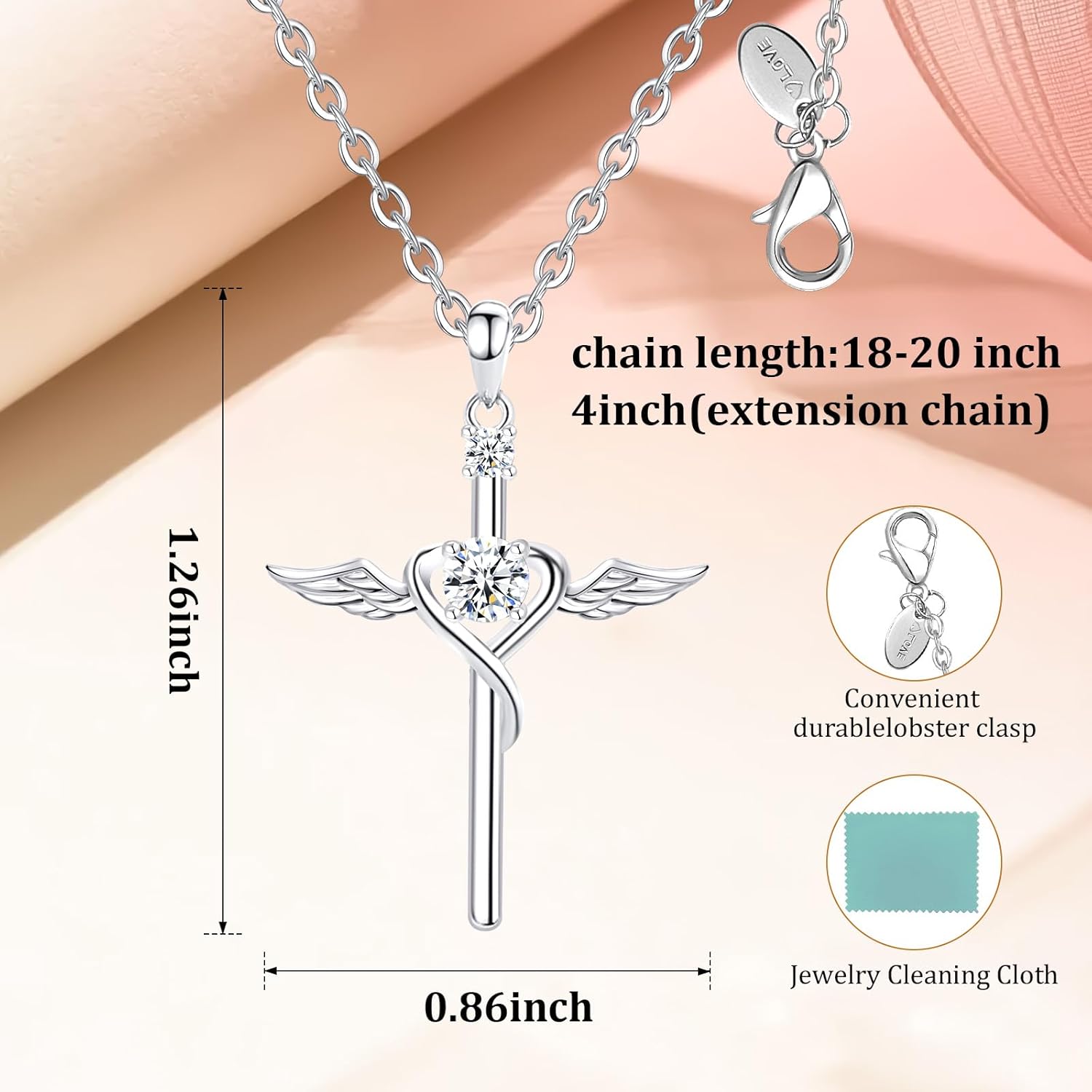 Easter Gift – Cross Necklace for Women, 925 Sterling Silver Angel Wing Charm with Heart Pendant, Adjustable Chain, Faith Christian Jewelry Gift for Mom, Wife, Girlfriend, Her