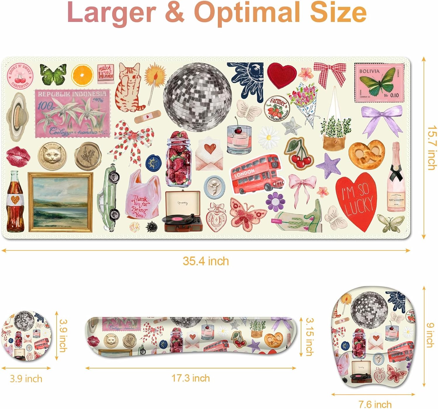 Beige Mouse Pad with Wrist Support 4 in1 Set, XXL Big Game Mousepad + Keyboard Wrist Rest + Mouse Wrist Rest Pad +Coaster Gaming Mat for Home Office Work Computer I Cute Design Stickers