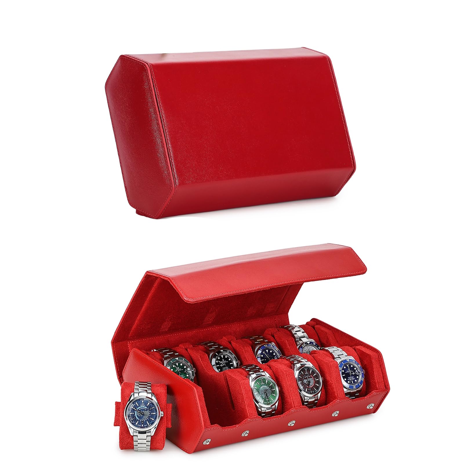 HVMBEUGOS Hiram Hexagon Watch box Genuine Saffiano Leather Watch Case for 8 Watches, Leather 8-Slot Watches Protective Storage Case Watch Display Organizer for Men (Red)