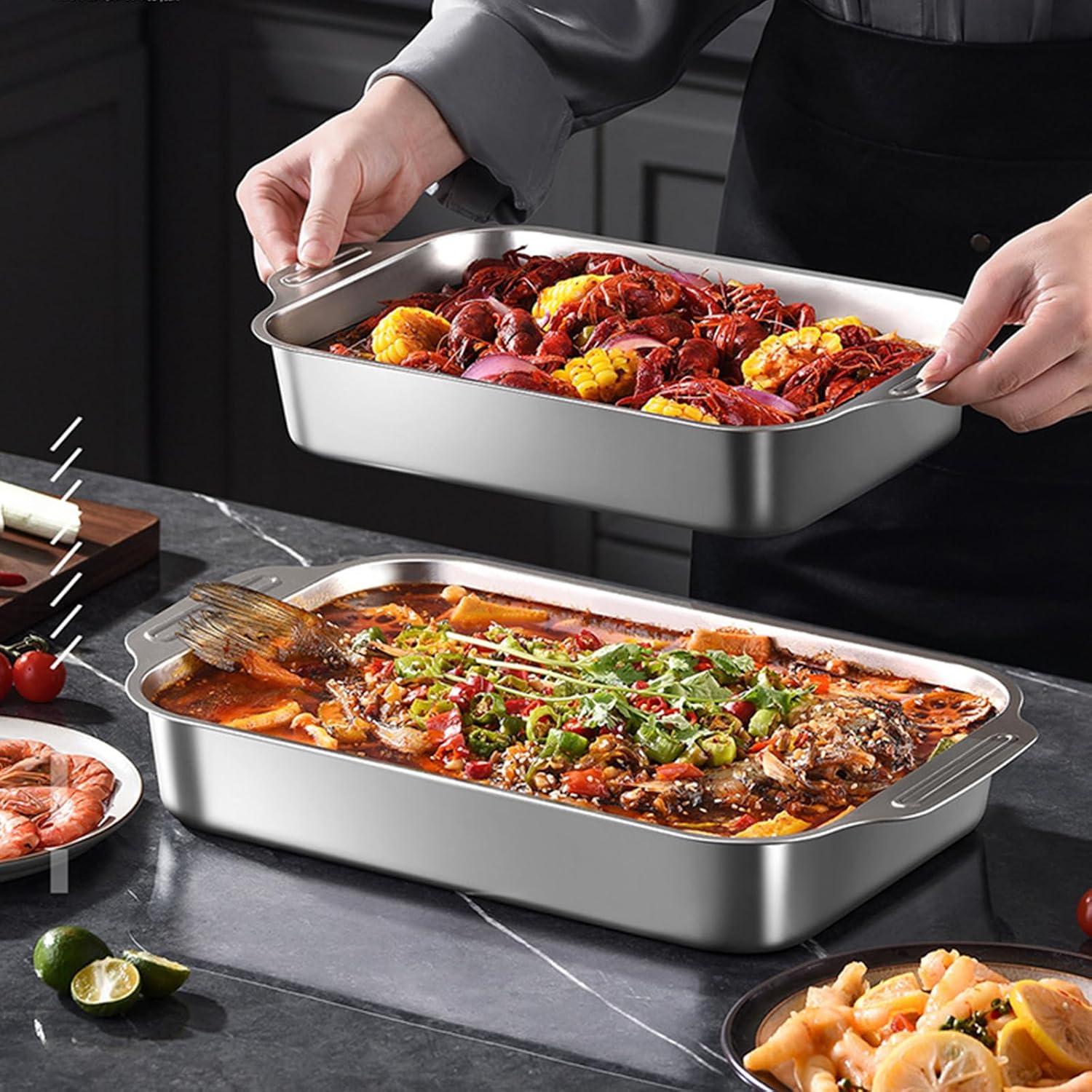 Roasting Pan with Handles and Striped Bottom - Stainless Steel Rectangular Fish Baking Tray Lasagna Pan Cake Cookie Plate Dish Serving Platter for Roast Turkeys,Hams,Ribs, 2 Sizes (36cm,Shallow)