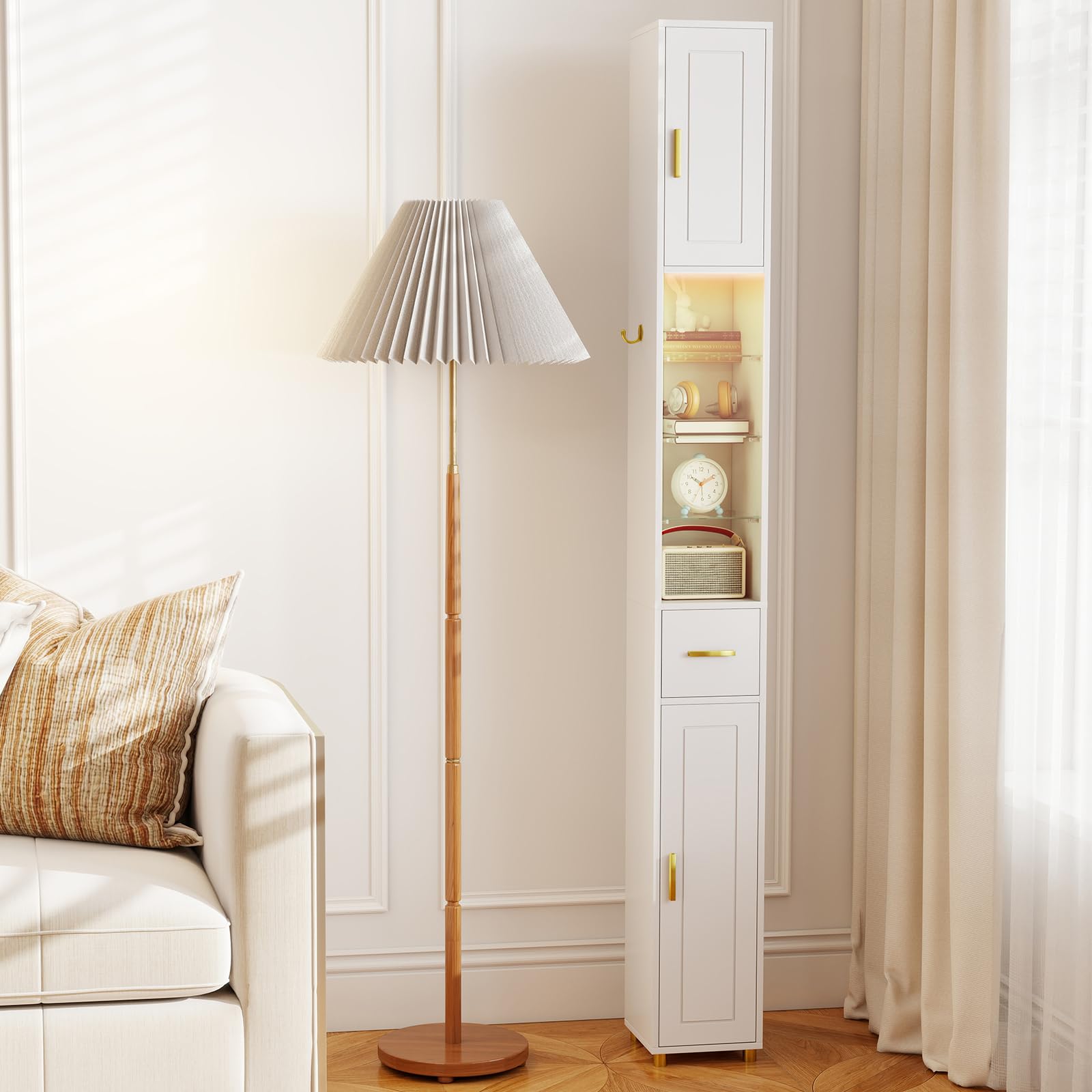 COSTWAY Badezimmerschrank mit Beleuchtung, Badschrank Hochschrank mit Schublade & 3 Glasablagen, schmaler Schrank Holz, inkl. seitlichem Haken, Aufbewahrungsschrank 20 x 20 x 181cm (Weiß)