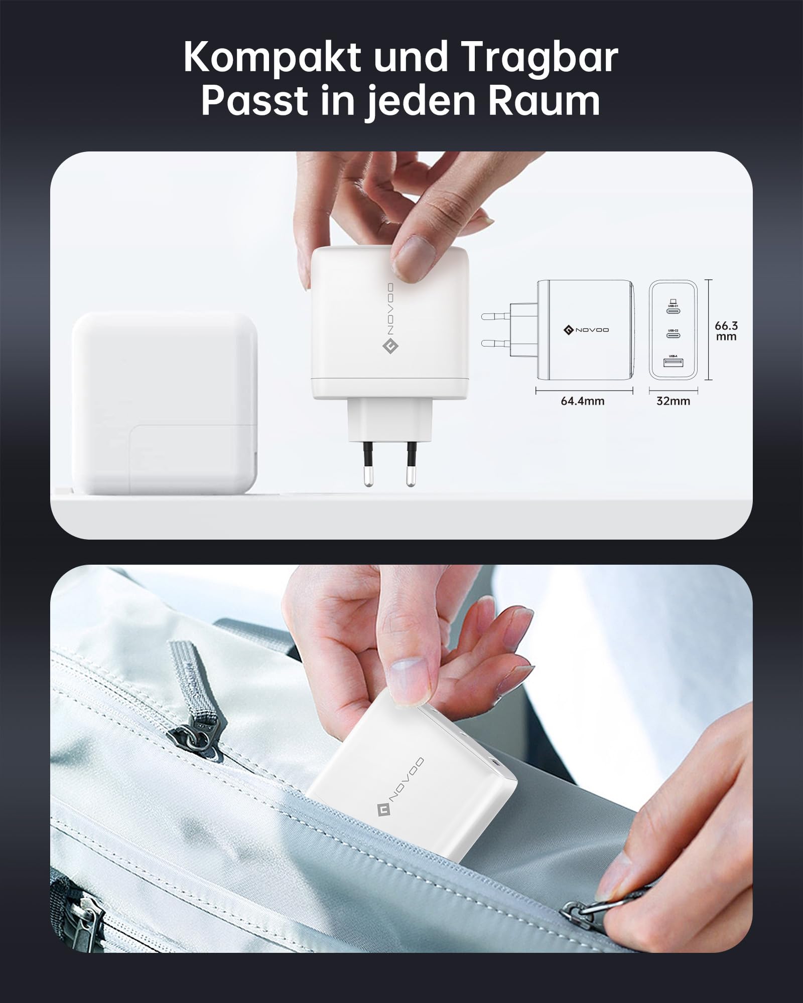 NOVOO Caricabatterie USB C 120W 1M cavi PD 100W Type-C Caricatore PPS GaN III 3 porte Bianco