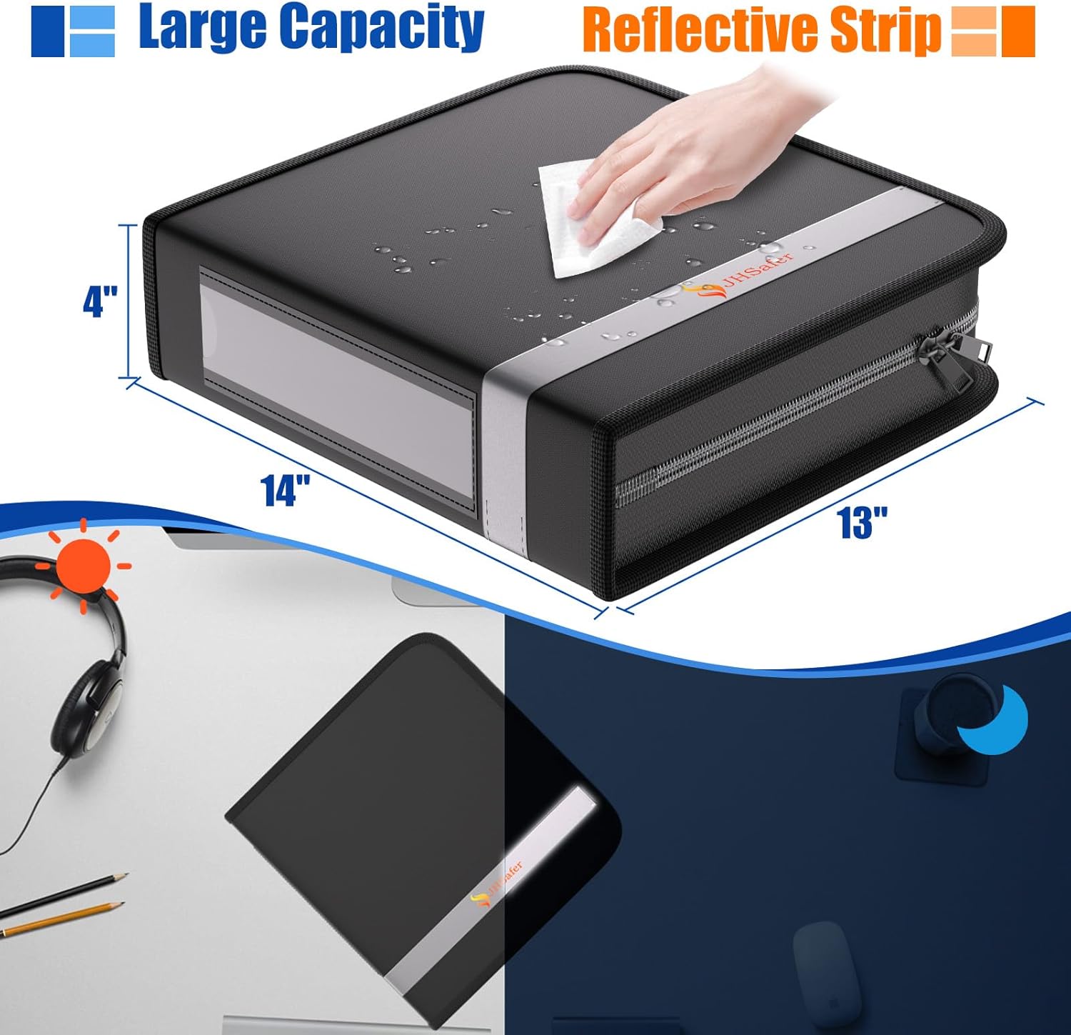 Fireproof 3" 3 Ring Binder with Zipper, 3 Inch Round Ring Binder with 2 Interior Pockets, 1 Pen Holder, Reflective Strip, Hold 750 Sheets of US Letter/A4 Size for Office/Home/School(3Inch)