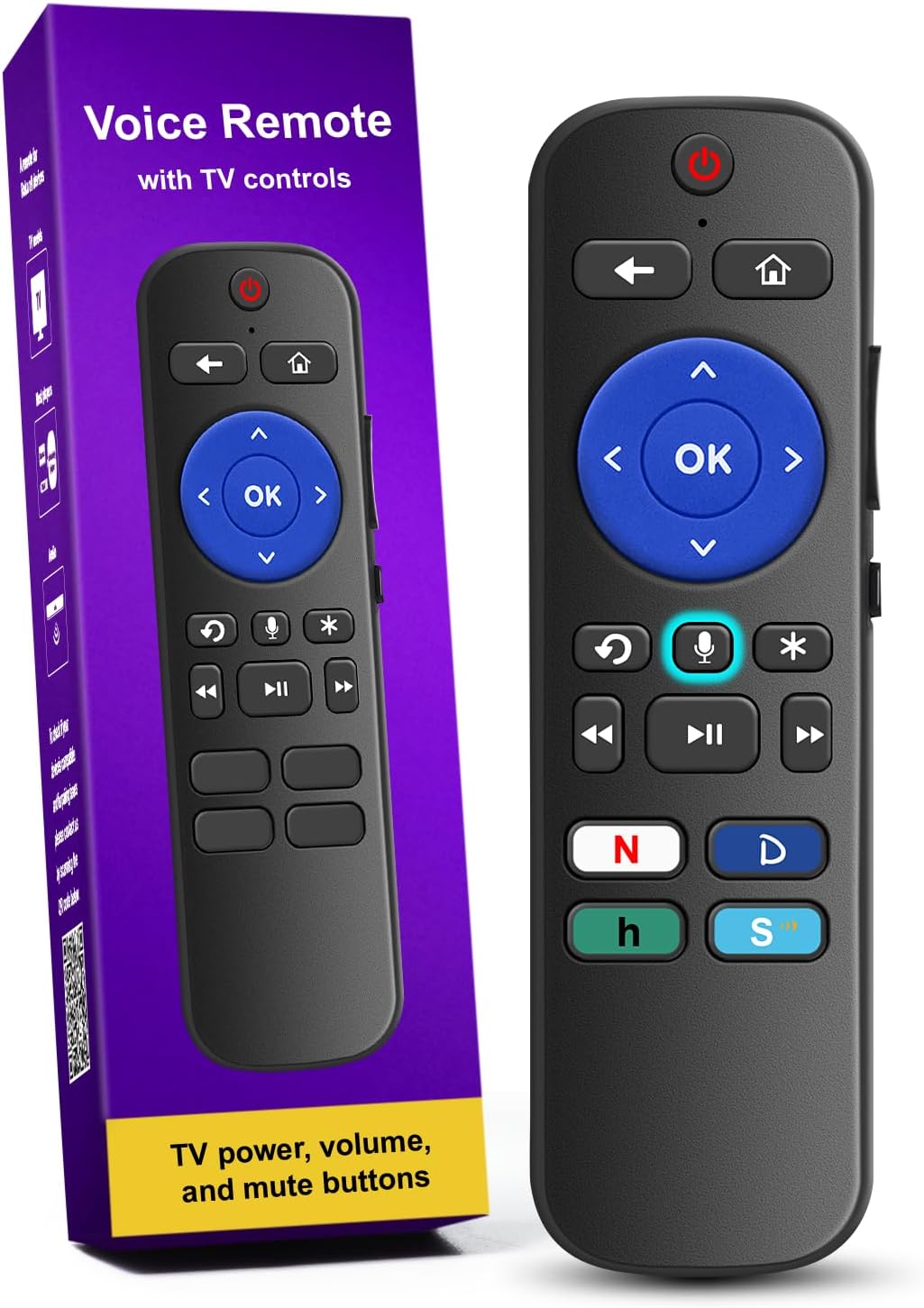 Voice Remote Replacement - for Streaming Player, Stick, TV and Audio - 4 app Shortcuts.