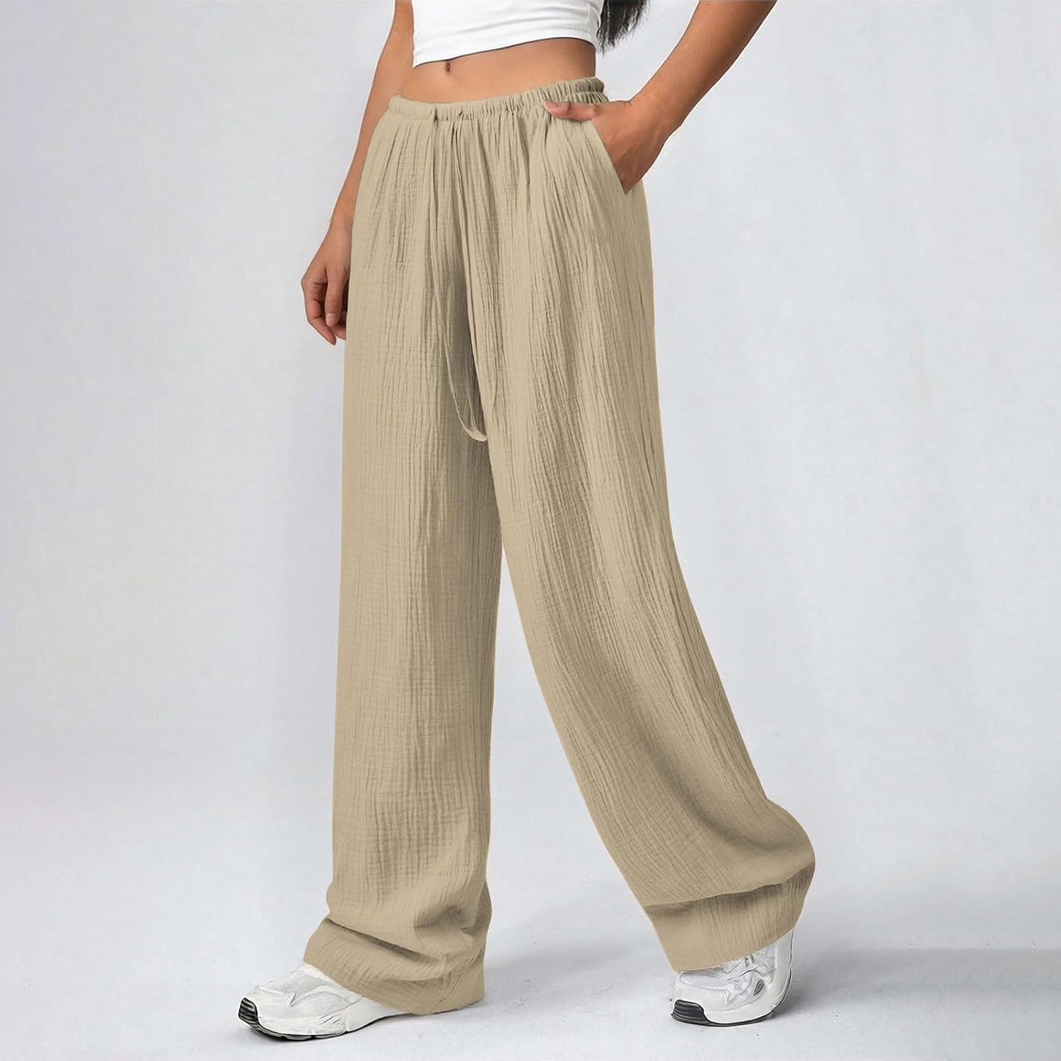 Womens Palazzo Pants Summer Flowy Wide Leg Drawstring High Waist Lounge Trousers with Pockets Beach Vacation Outfits