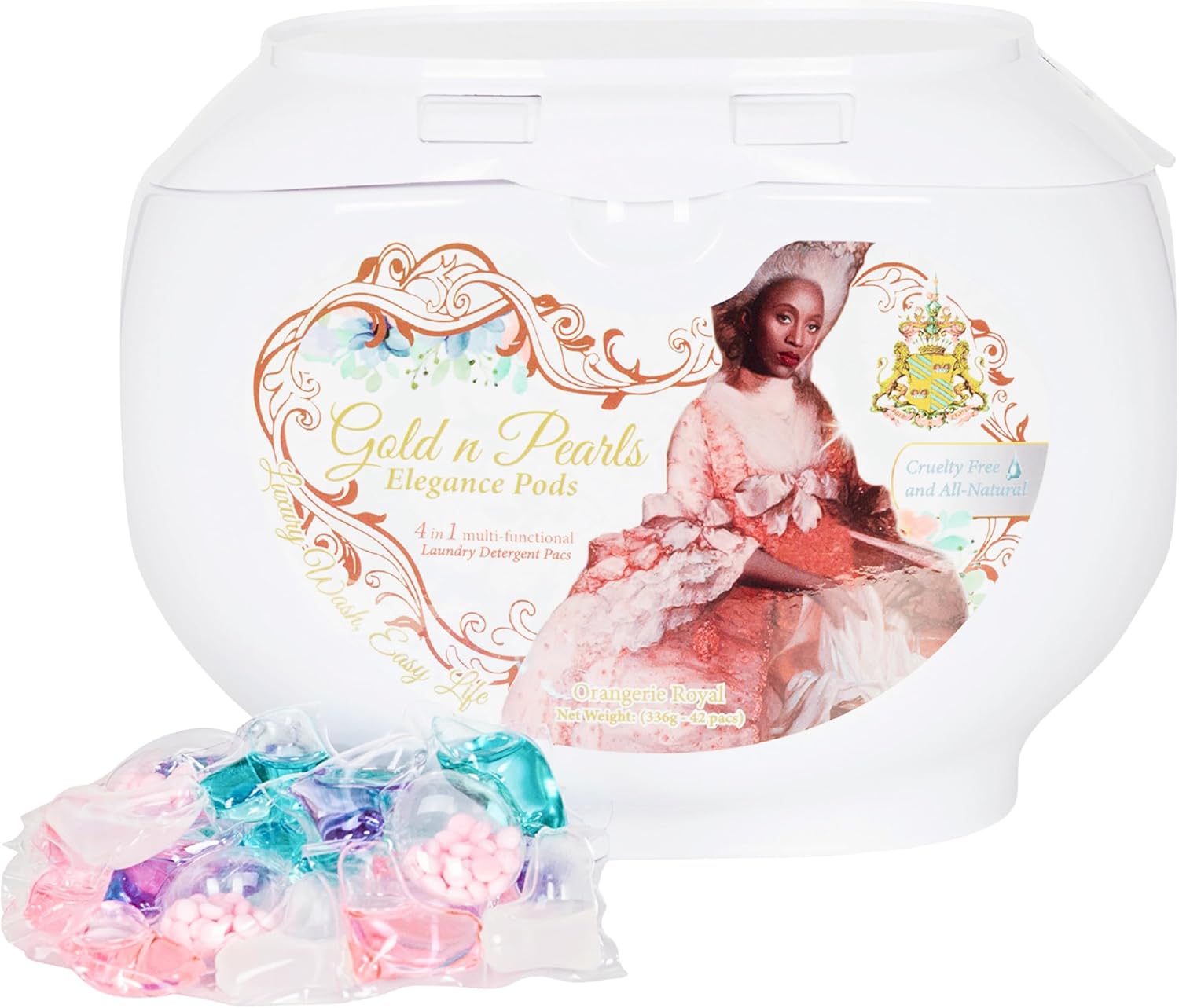 Gold n Pearls 5-in-1 Laundry Detergent Pods, Orangerie Royal Scent, 42 Count - Stain Remover, Fabric Softener, Brightening, Deep Clean, Long-Lasting Fresh Citrus Scent, HE & Cold Water Compatible