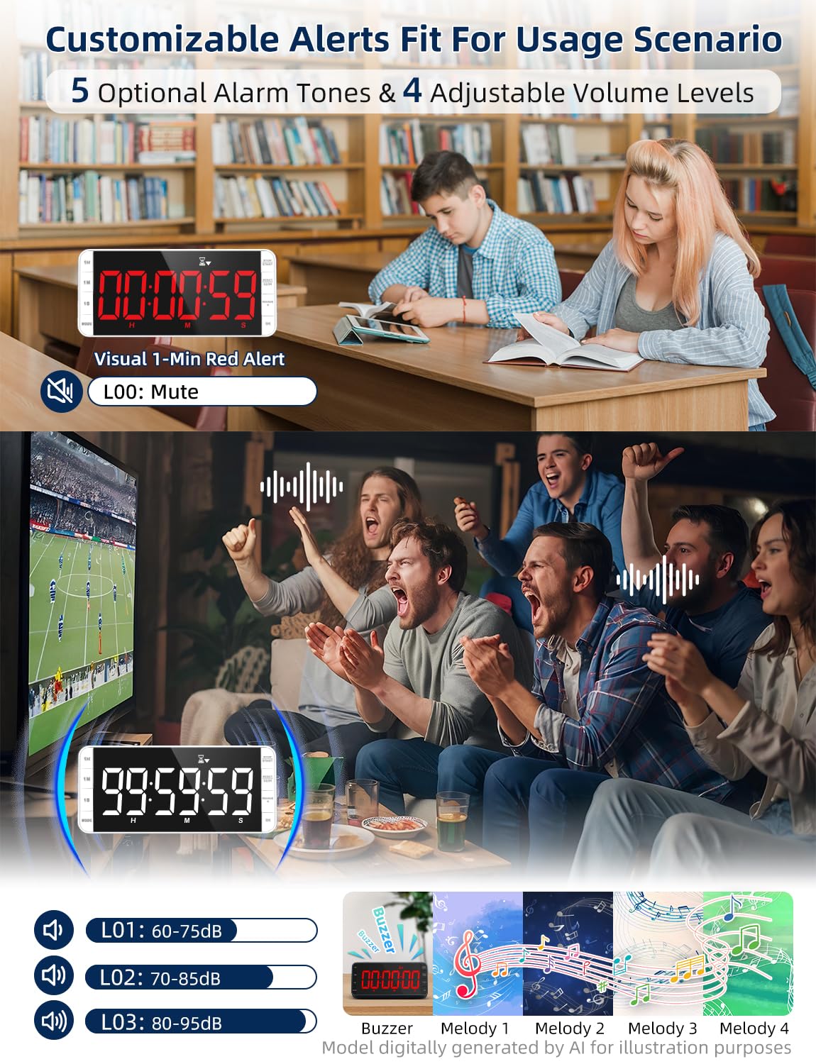 Timer Kuchenny: Odliczanie/w górę 99H 59M 59S, Ładowalny, LED 7,8'', 3 jasności, 5 alarmów, 4 poziomy głośności, magnetyczny, do klasy