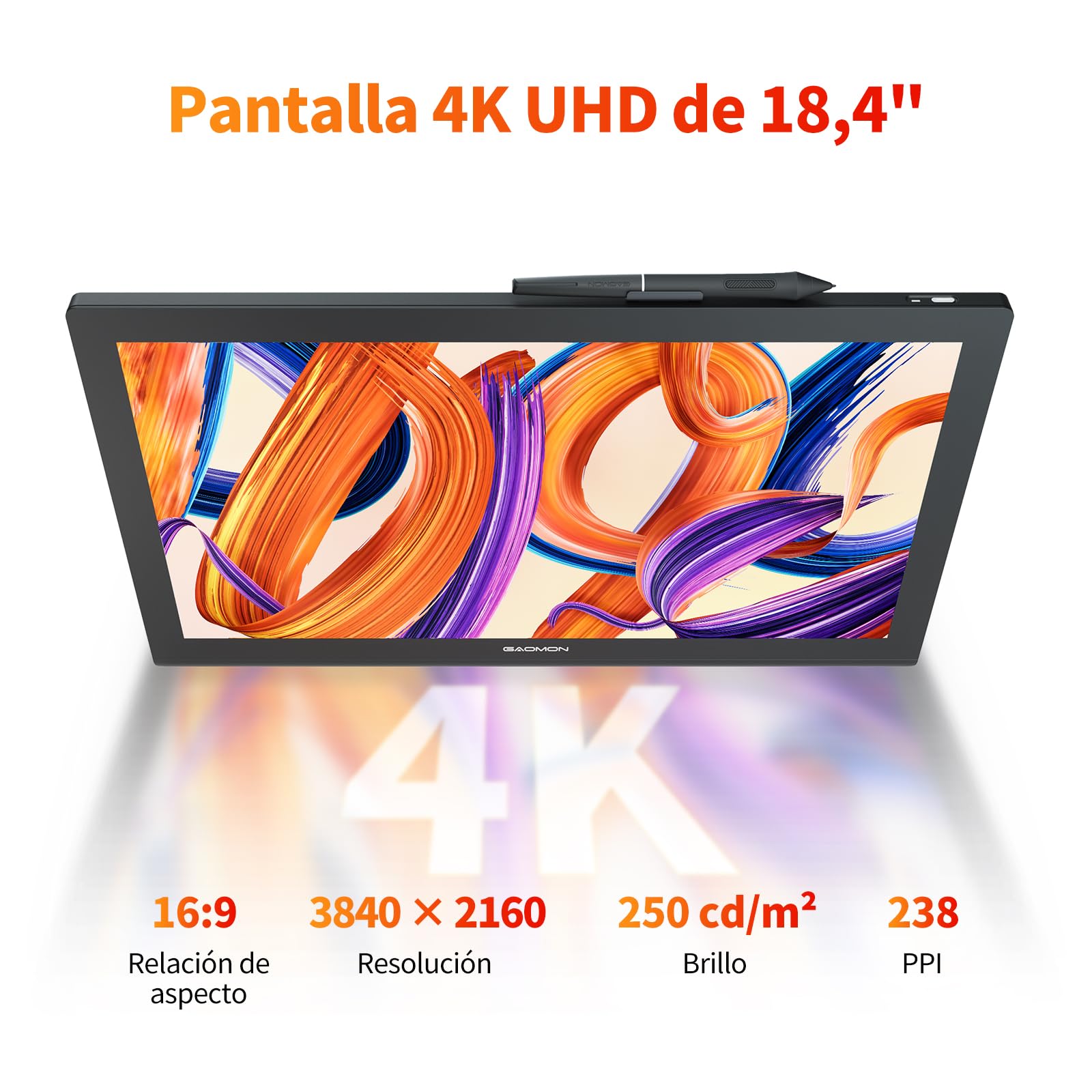 GAOMON Pro 19 Tableta Gráfica con Pantalla 18.4" 4K UHD, Lápiz G-Pro 16384 Niveles De Presión E Inclinación, Pantalla Laminada, Color Profesional, Compatible Windows/Mac