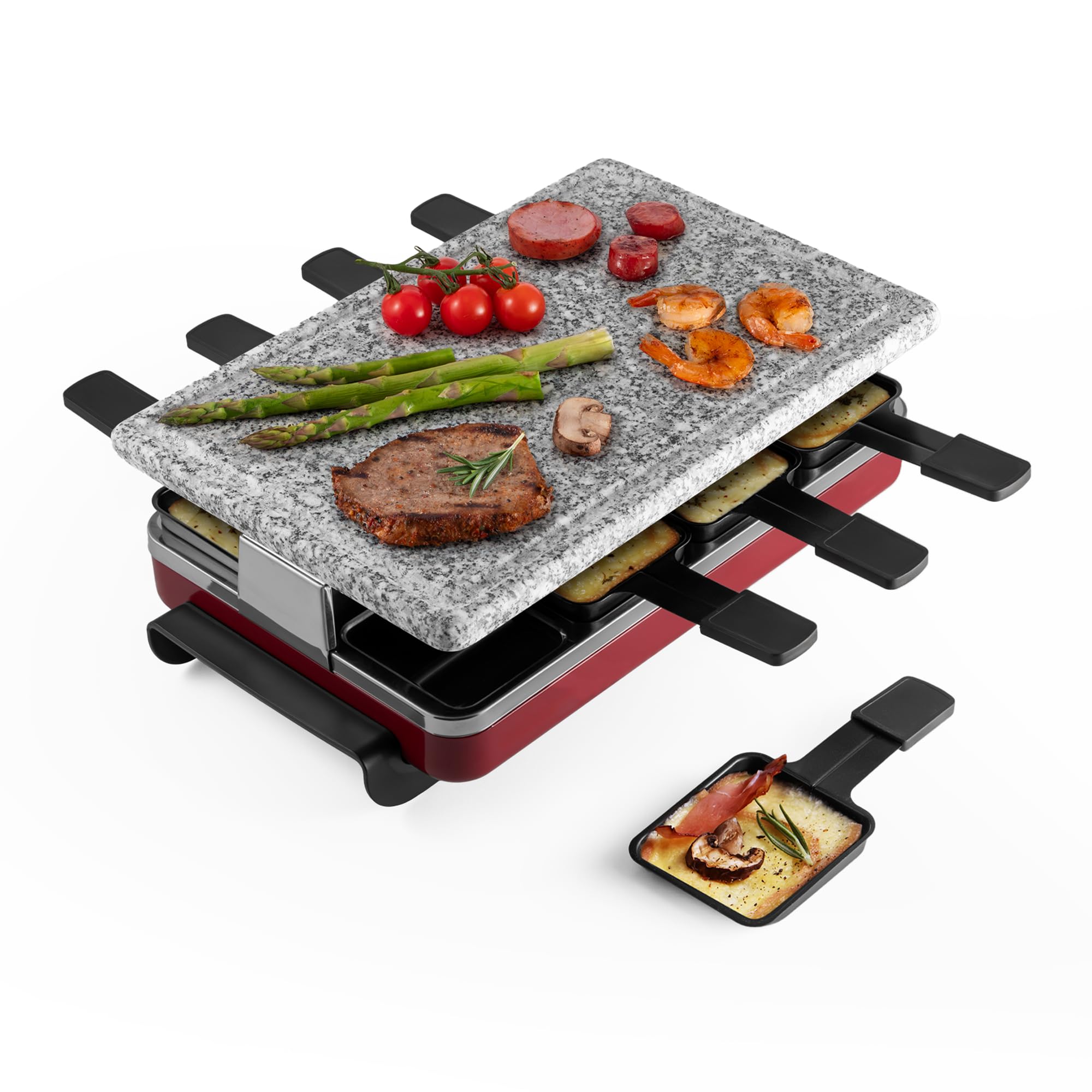 Swissmar Classic 8-Person Raclette Party Grill - Indoor Electric Grill & Griller with Granite Stone Grill Plate - Red