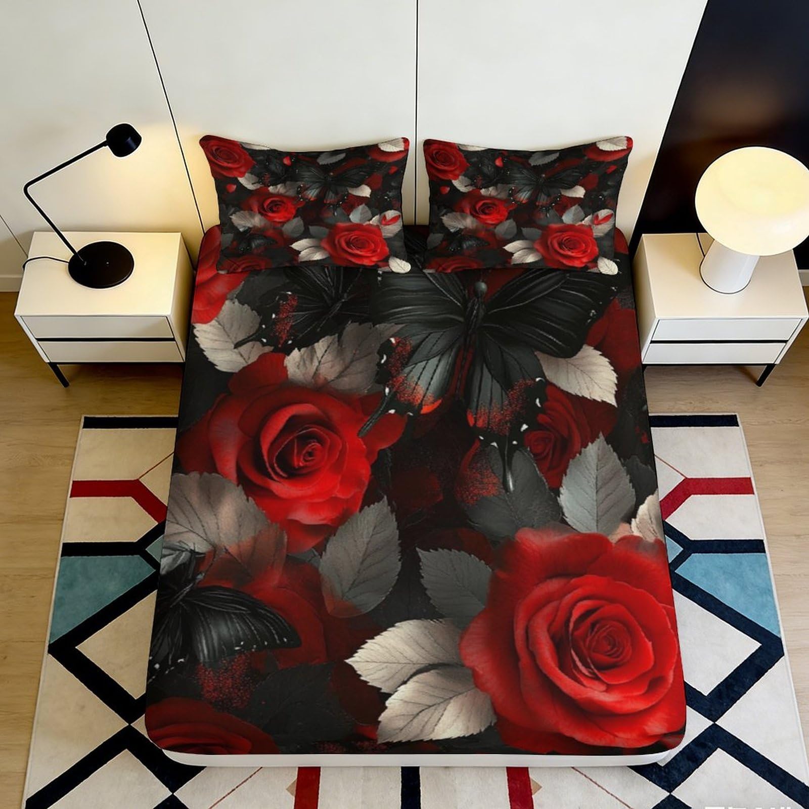 3D Printed Red Rose Butterfly Fitted Sheet Microfiber Soft Bedroom Decor Mattress Cover for Adult Teen Dorm Room 90x200x25cm