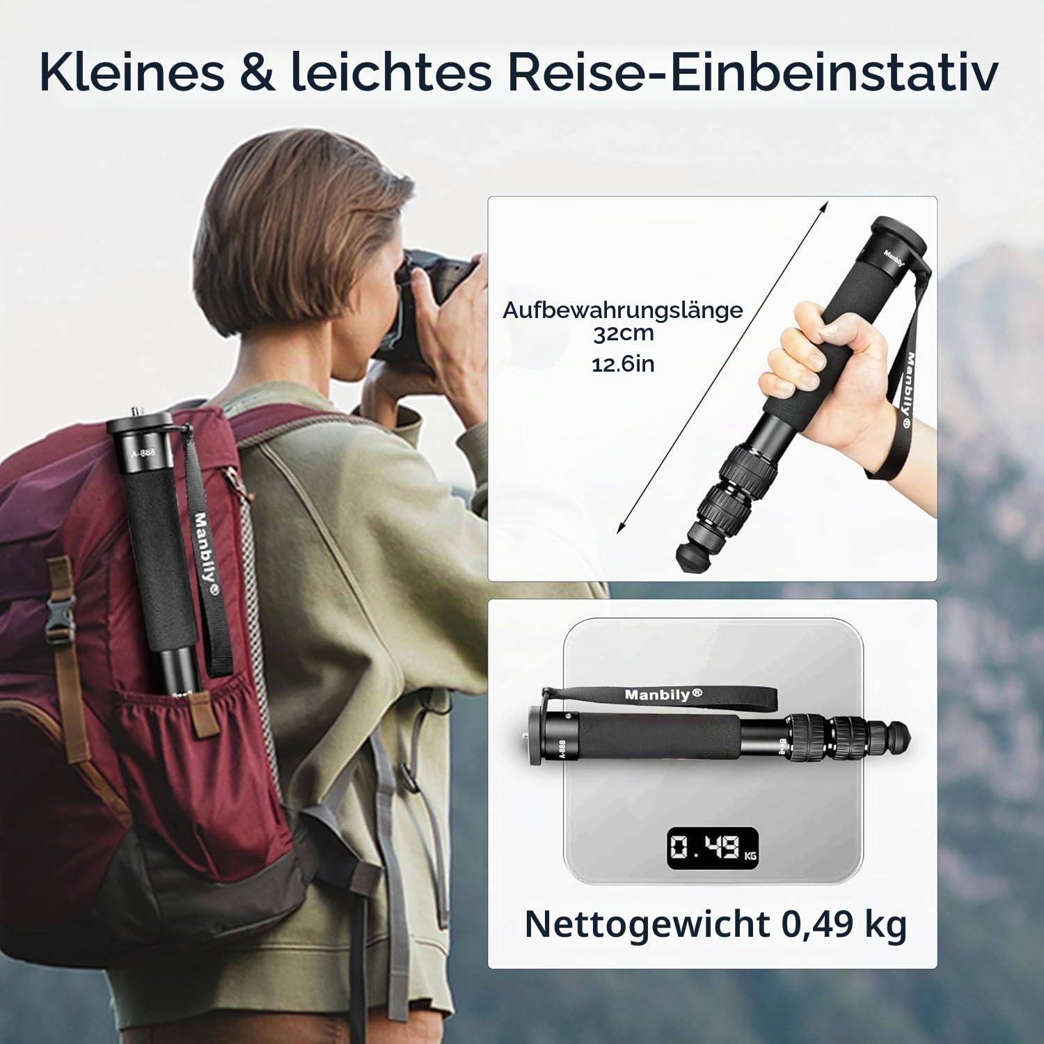 Manbily A-888 Kamera Einbeinstativ, Länge 32cm - 156cm Aluminium Einbeinstative für Kameras 7 Sektionen Kompakt Reise Tragbar Selfie Stick für DSLR Smartphone Konzert Fest, 1/4" - 3/8"