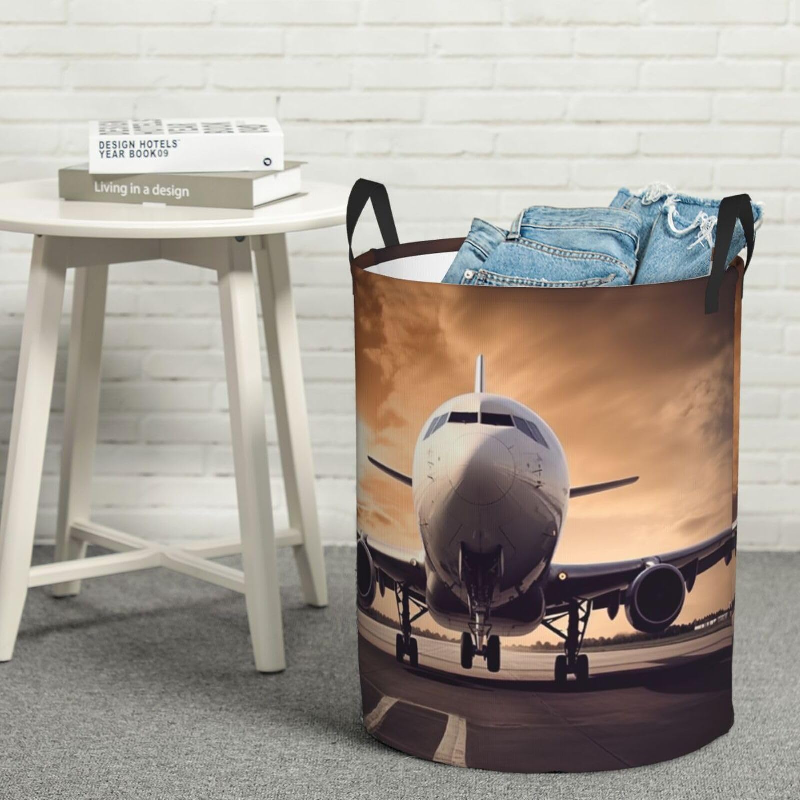 Fodpand Black Airplane Laundry Basket With Handle, Freestanding Laundry Hamper, Collapsible Dirty Clothes Hamper, Waterproof Fabric Blanket Storage Basket Tall Toy Storage Bin Room Decor Medium