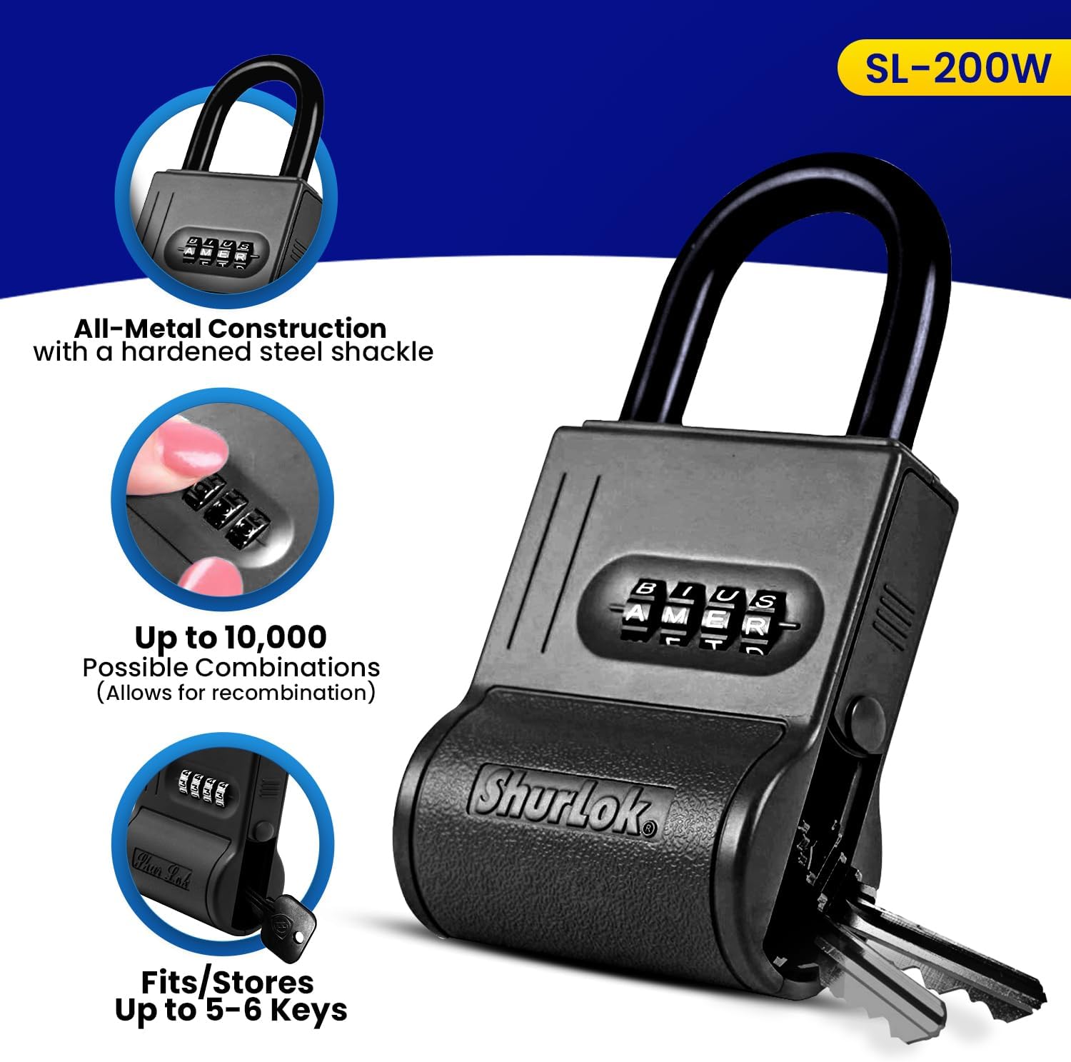 ShurLok SL-100W 4-Dial Dual Combination Lock Box, Durable Combo Lock for Outdoor Storage & Home Improvement, Door Locker Locks with Side Key Door, 8.7 x 1.6 x 5.6 Inches, Black
