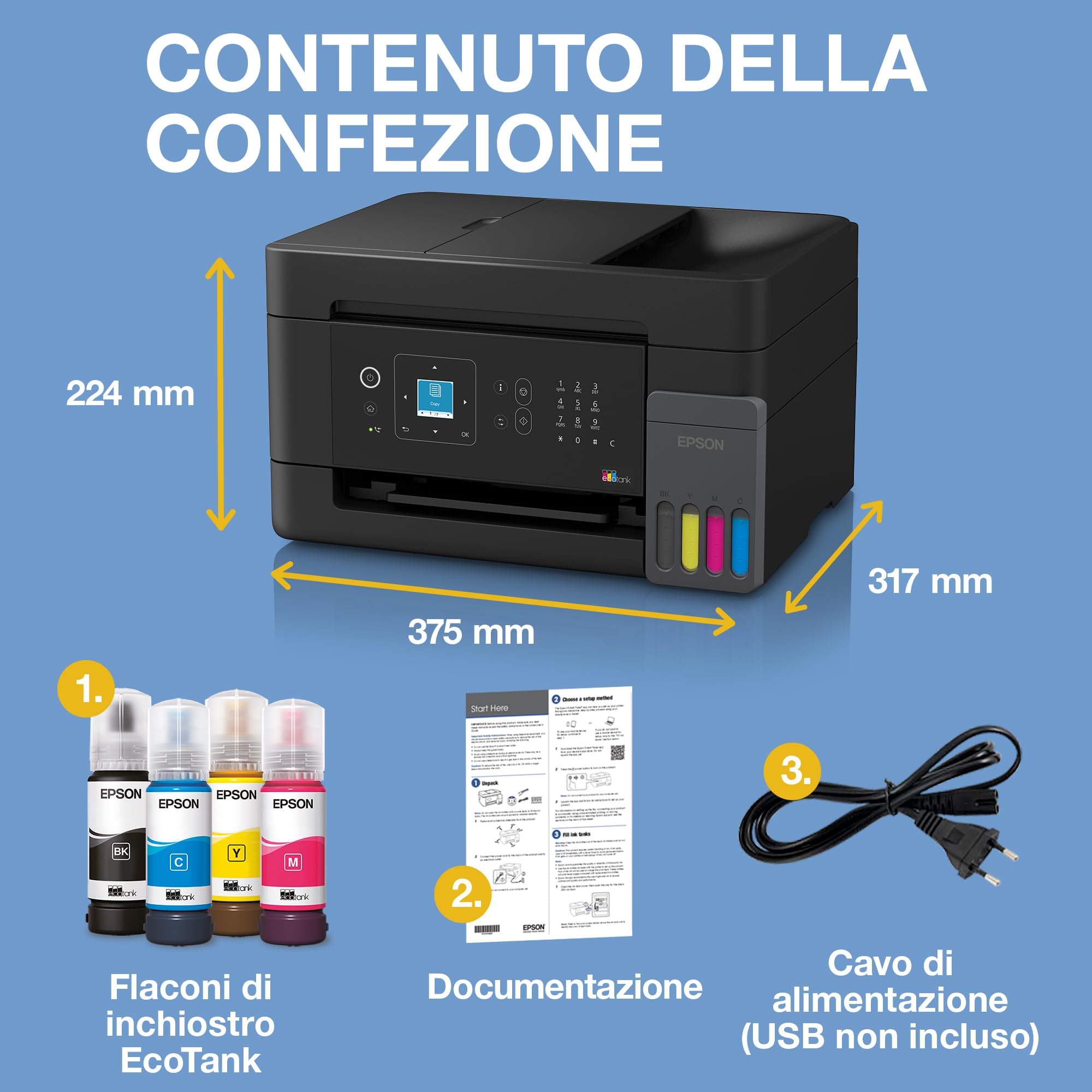 Epson EcoTank ET-4900 | Wi-Fi ed Ethernet | A4 | Stampa, copia, scansione, fax | Display LCD | Alimentatore automatico di documenti da 30 pagine | Compatta | Fino a 3 anni di inchiostro inclusi