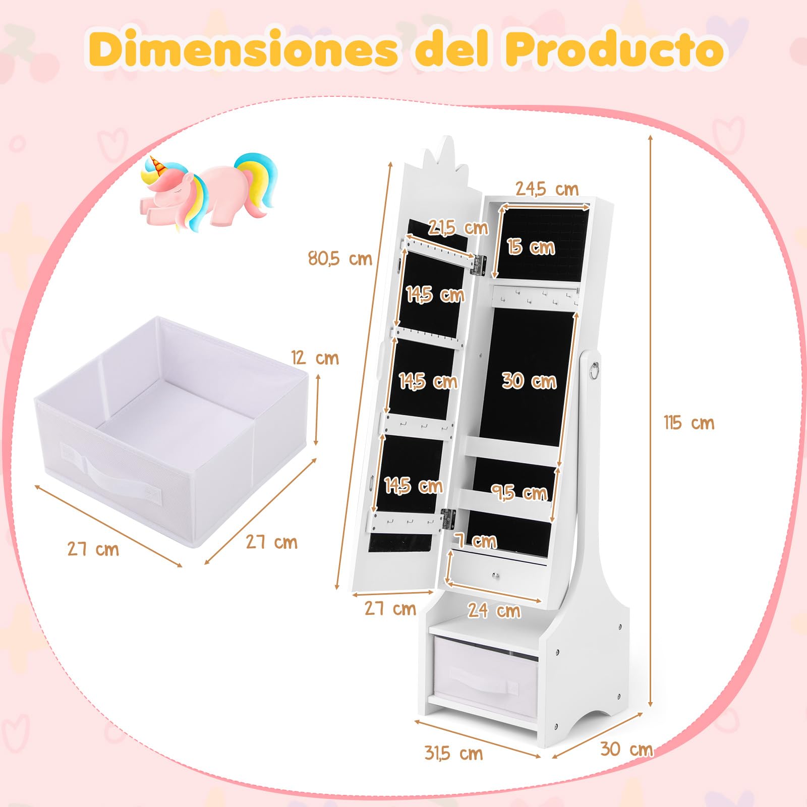 GOPLUS Armario de Joyería para Niños con Espejo de Cuerpo Entero, Organizador de Joyería Infantil de Pie con Cajón Plegable, 2 Ángulos Ajustables, Armario de Joya Princesa para Dormitorio (Blanco)