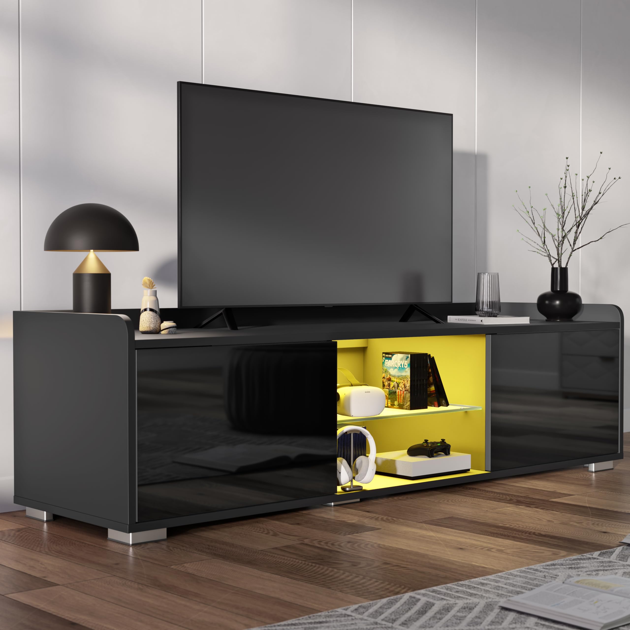 Blisswood High Gloss TV Unit – 140 Cm Black LED TV Stand Cabinet with 20-Colour RGB Light with Remote, Glass Shelf, Stylish TV Cabinet for Living Room Furniture, Suitable for 43–55” TVs — image 1
