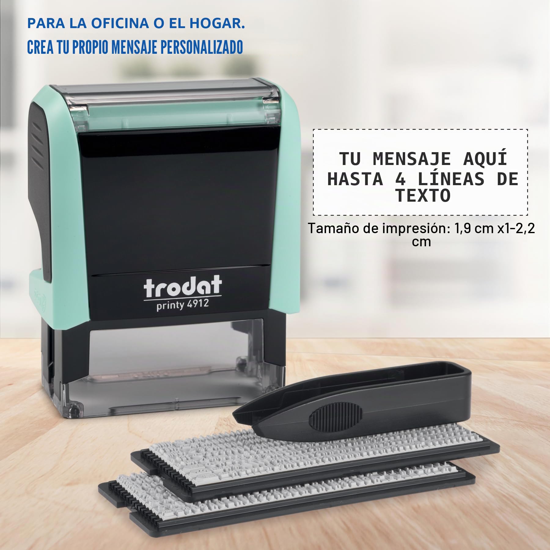Trodat Printy 4912 Typo Verde Pastel - Sello autoentintable (4 líneas, 47 x 18 mm), color negro | Huella de 47 x 18 mm para componer, larga duración, impresión nítida y precisa, uso diario