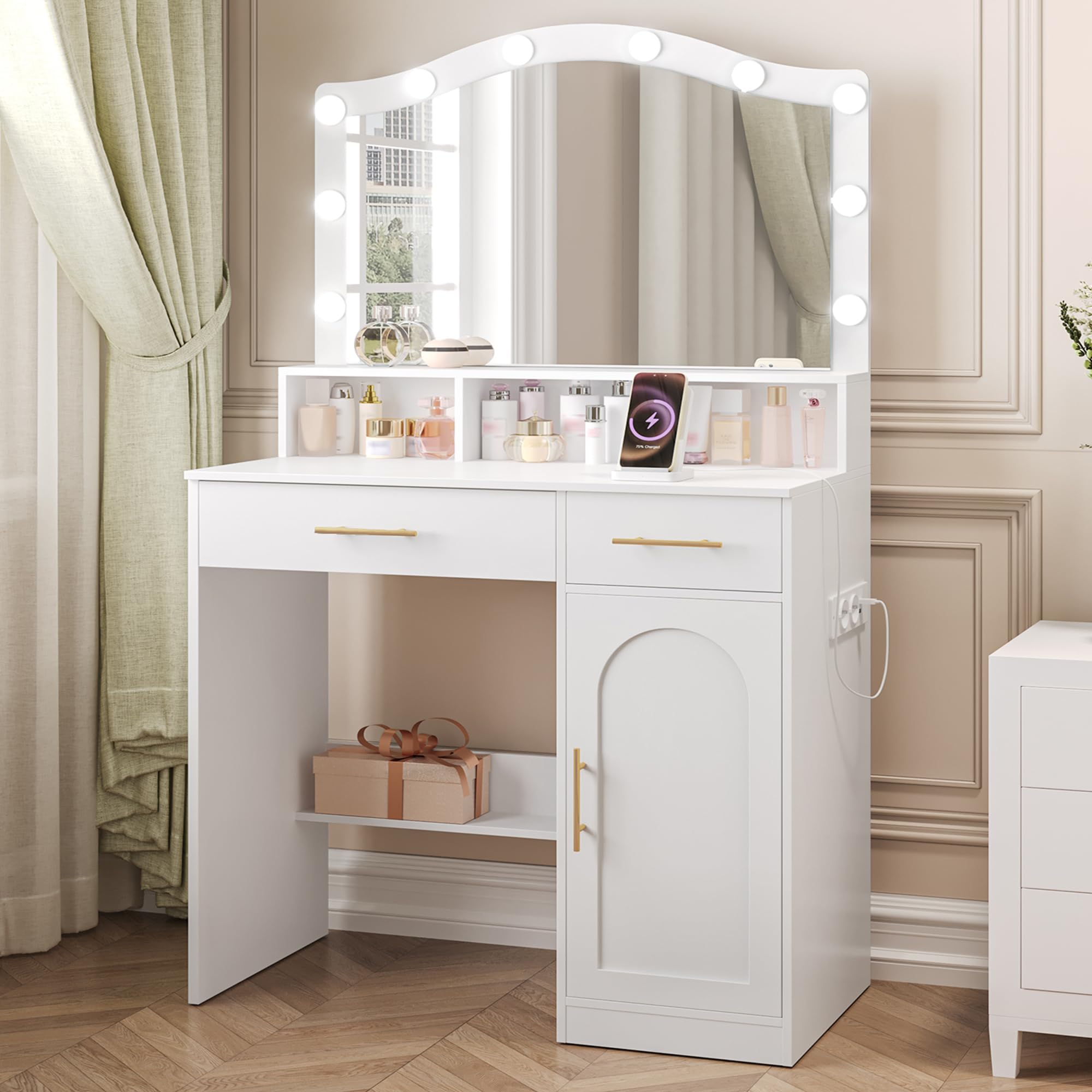 Hzuaneri Vanity, DużE Lustro Hd, 3-Kolorowe Regulowane śWiatłA Led, Ze Stacją łAdująCą, 2 Gniazdami Ac I 2 Portami Usb, 2 Szufladami I 1 Szafką Do Przechowywania, BiałO-ZłOta DT361HDT
