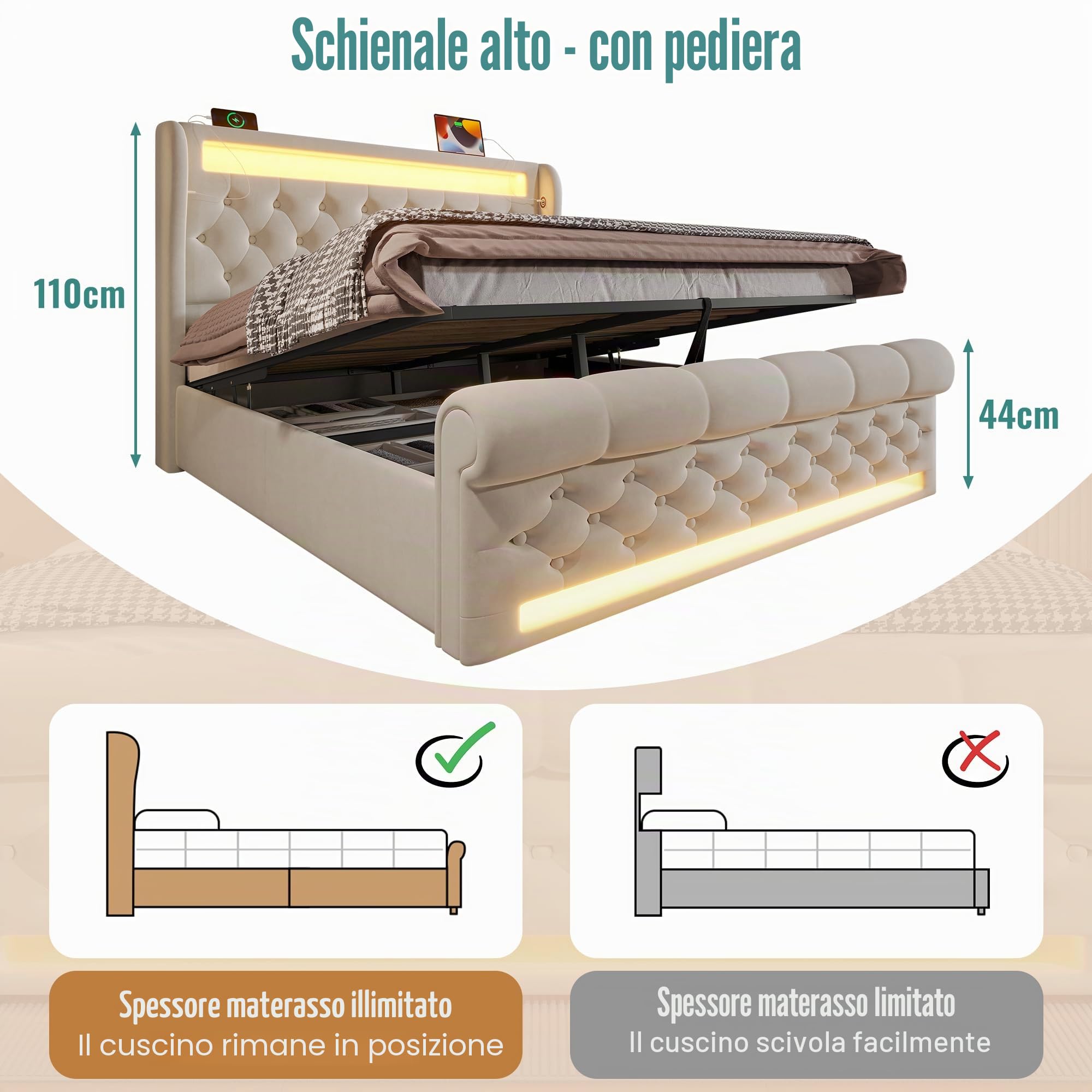 Letto Matrimoniale 160x200 con LED e USB, Letto Una Piazza e Mezza con contenitore idraulico e testiera, Letto Contenitore con doghe, Struttura Letto Matrimoniale in velluto Beige (Senza materasso)