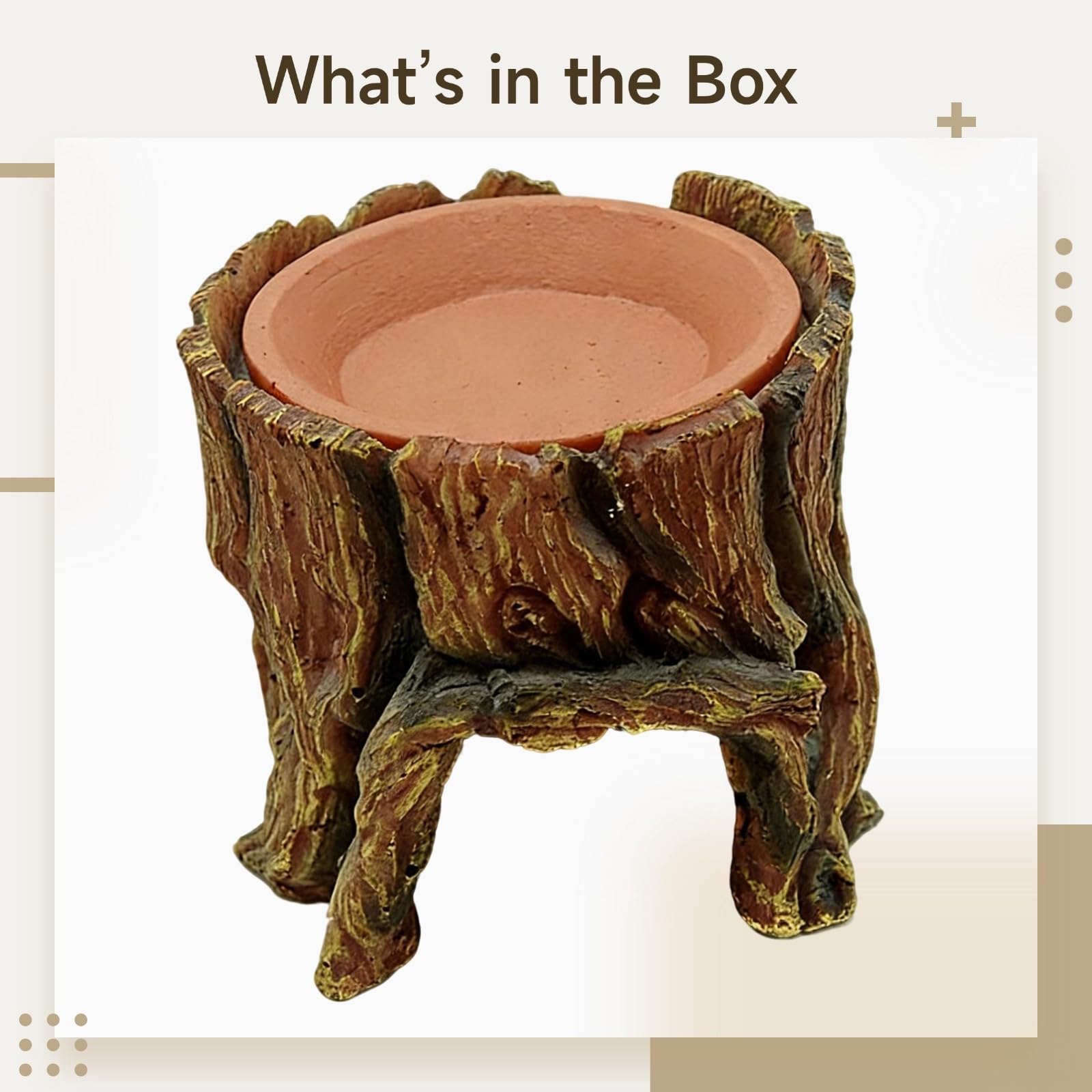 Nascondiglio per rettili marrone a forma di tronco d'albero, grotta umidificante con ciotola dell'acqua in ceramica rimovibile, 13 x 14 x 14 cm, decorazione per acquario, tartaruga di terra, lucertola