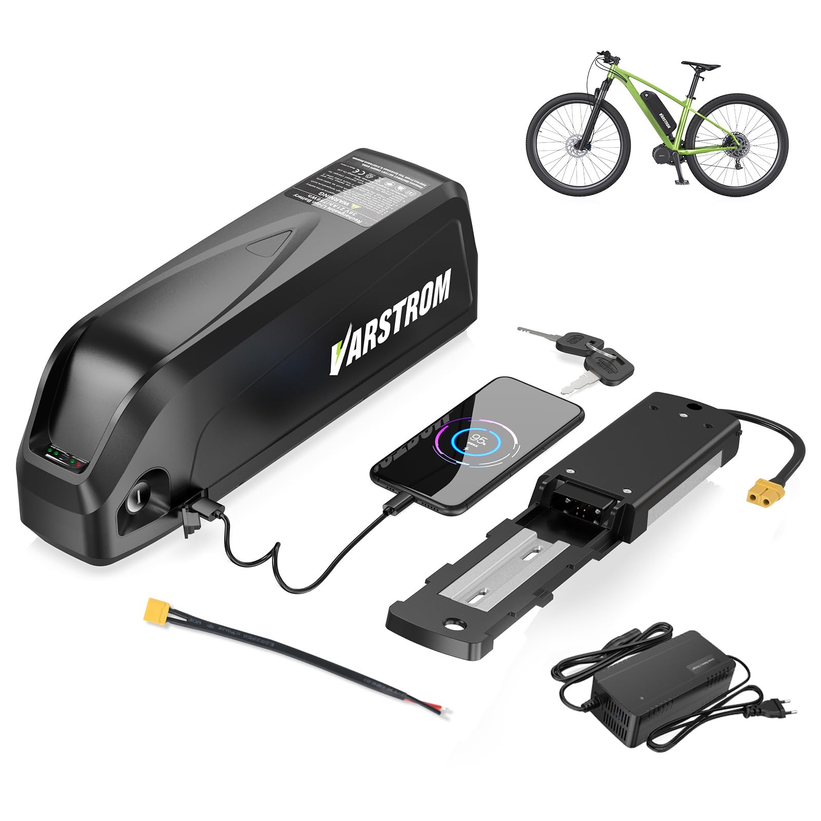 Varstrom 48V 13Ah Ebike Battery, Downtube Lithium 48V Ebike Battery with 2A Charger & USB Port, Compatible with Bafang Varstrom AW 250W Electric Bike Conversion Kits