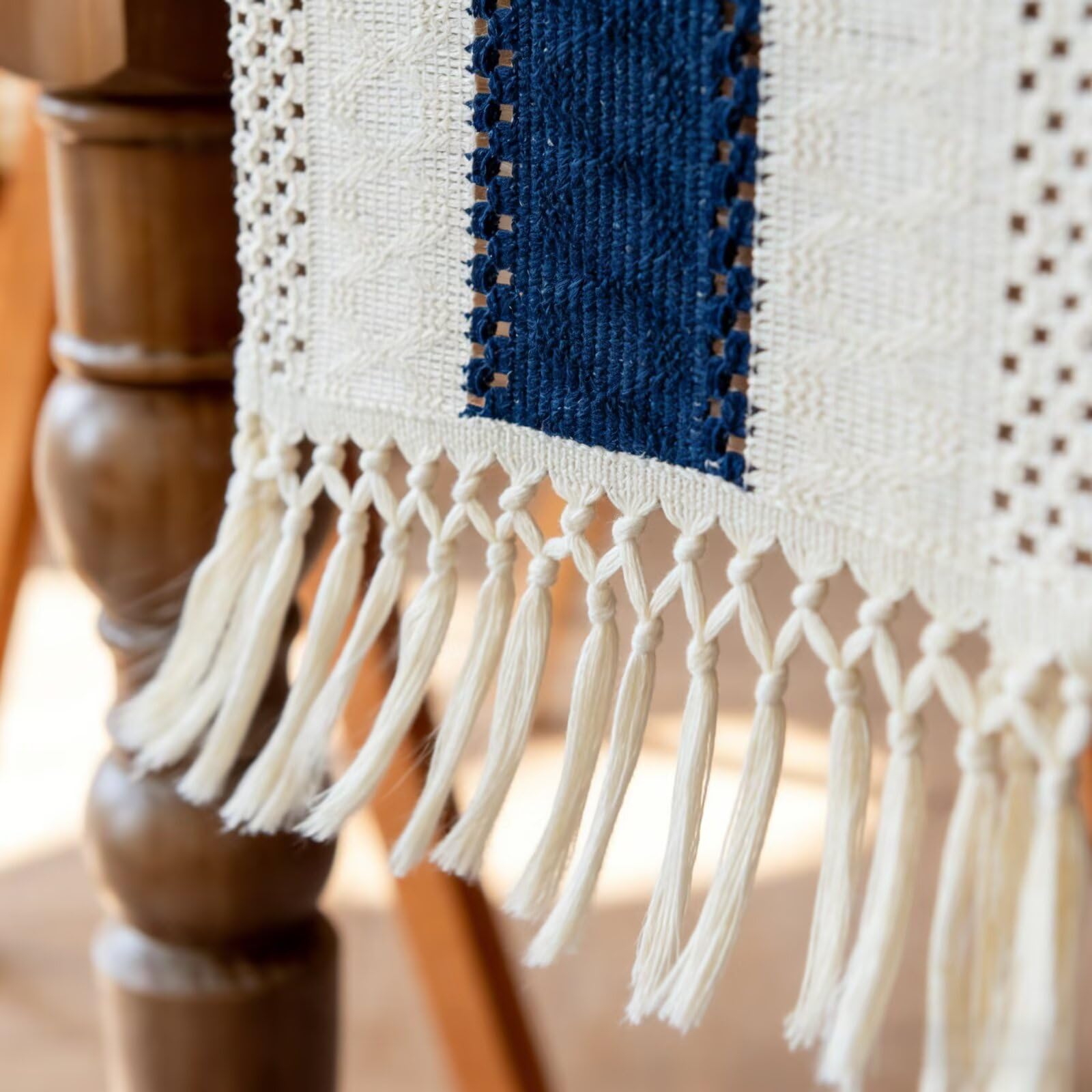 Camino de Mesa de algodón y arpillera Tejido a Mano con borlas, Estilo rústico de Granja for Cocina Bohemia(Blue Stripes,450cm)