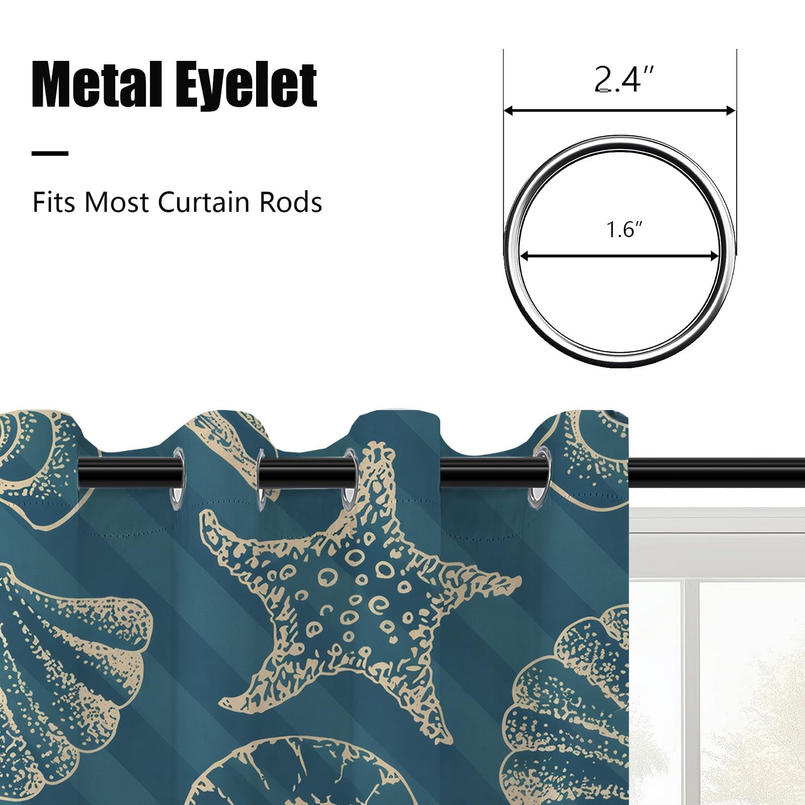 Seestern Muschel Vorhänge, Meer Küste Strand Gardinen Blickdicht, Gestreift Nautische Vorhang mit Ösen, Verdunklungsvorhänge fur Wohnzimmer Schlafzimmer, 2er Set Curtain H175 x B140 cm