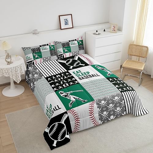 Miniatura 3 de Erosebridal Ropa de cama de béisbol tamaño matrimonial, juegos de edredón de jugador de béisbol para adolescentes y adultos, edredón de retazos de