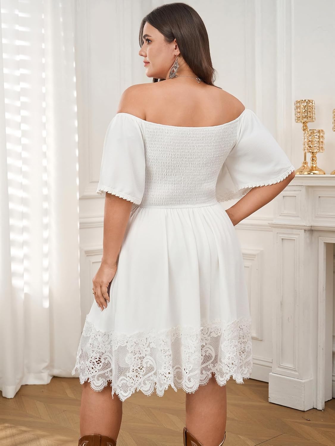 SCOMCHIC Womens Plus Size Smocked Summer Mini Dress Off The Shoulder Short Sleeve Lace Trim Boho Flowy Spring Dresses - Image 6