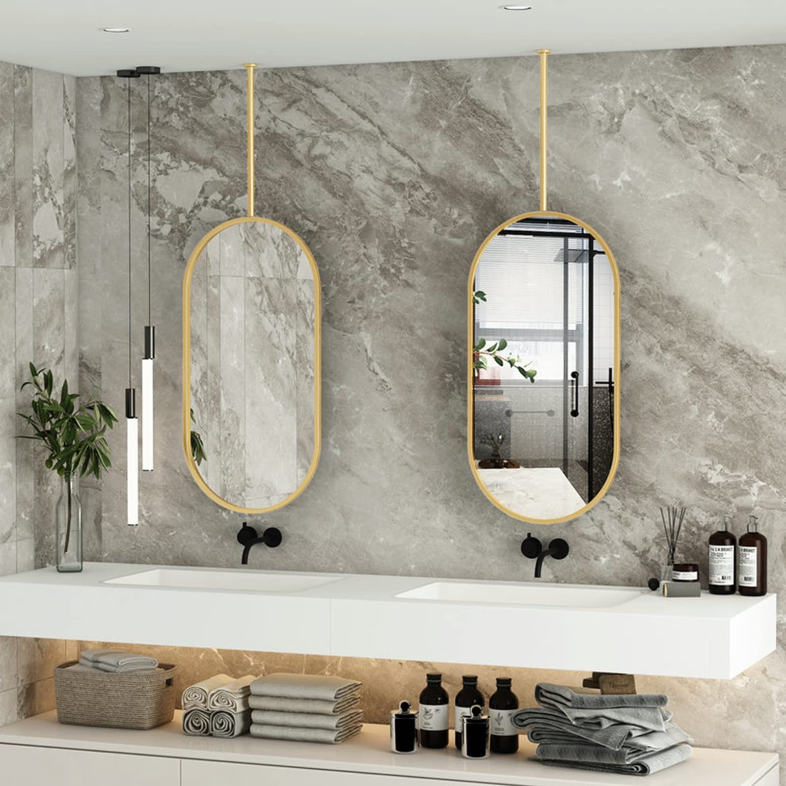 Sufitowe wiszące pływające lustro łazienkowe, owalna złota metalowa rama i wysięgnik do montażu na suficie, lusterka do makijażu w łazience Lusterka do golenia dla hotelu Nowoczesne dekoracy