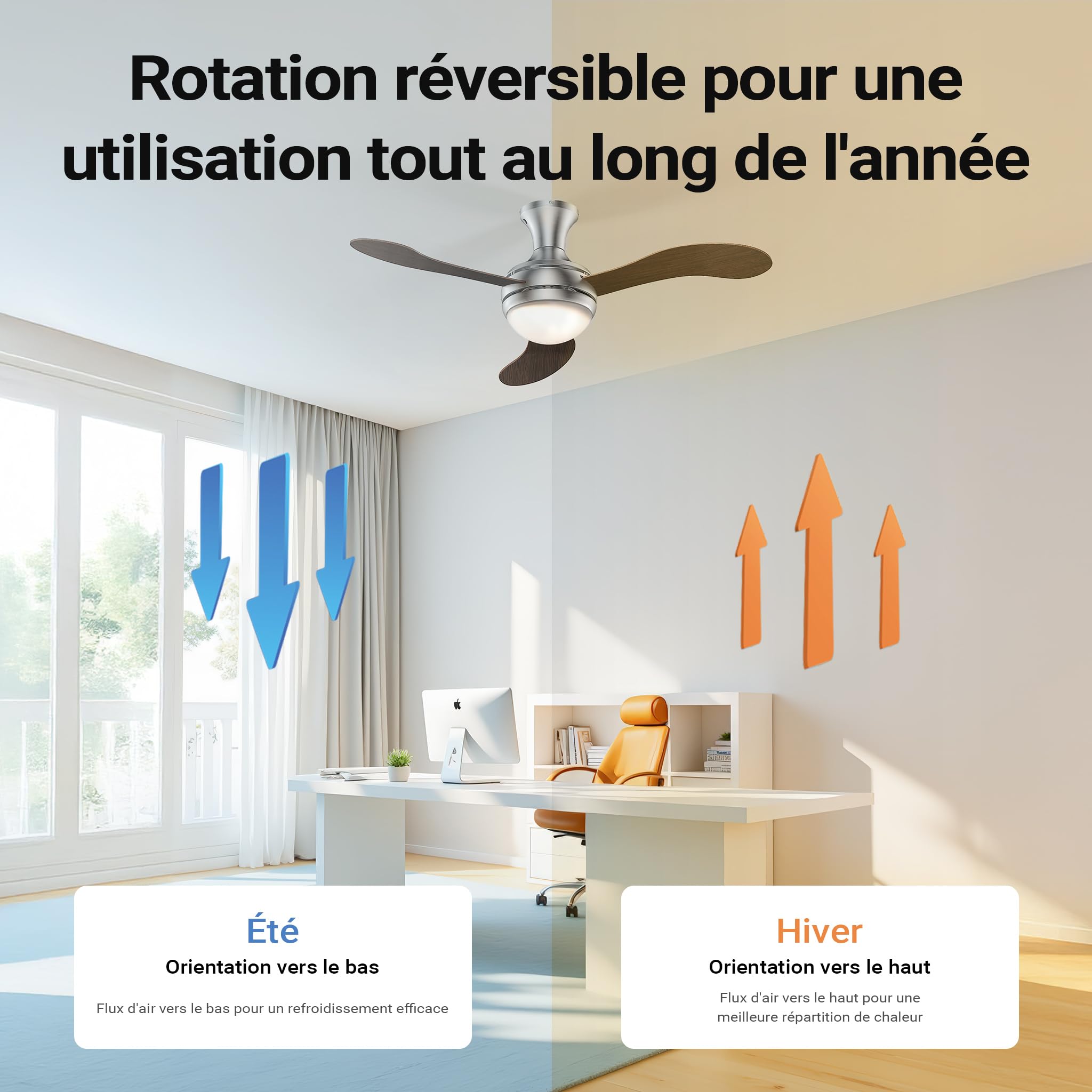 WilTec Ventilateur de Plafond Silencieux 55 W, Ø 130 cm, Max. 18 m², 3 pales, plafonnier intégré, brasseur d’air avec Lampe Lustre luminaire