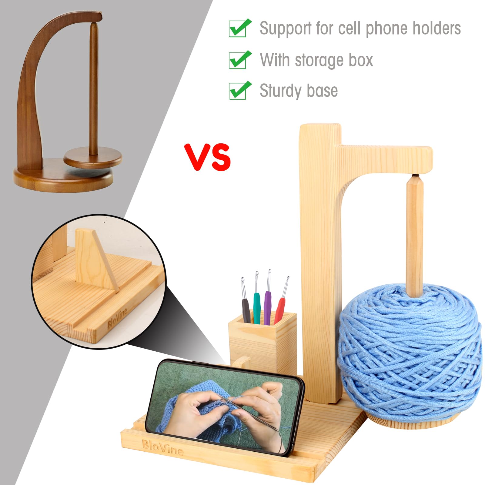 Soporte de hilo de madera para ganchillo con péndulo giratorio magnético, dispensador de bolas de hilo, con soporte para teléfono celular y organizador de ganchillo, regalo de ganchillo para tejer,