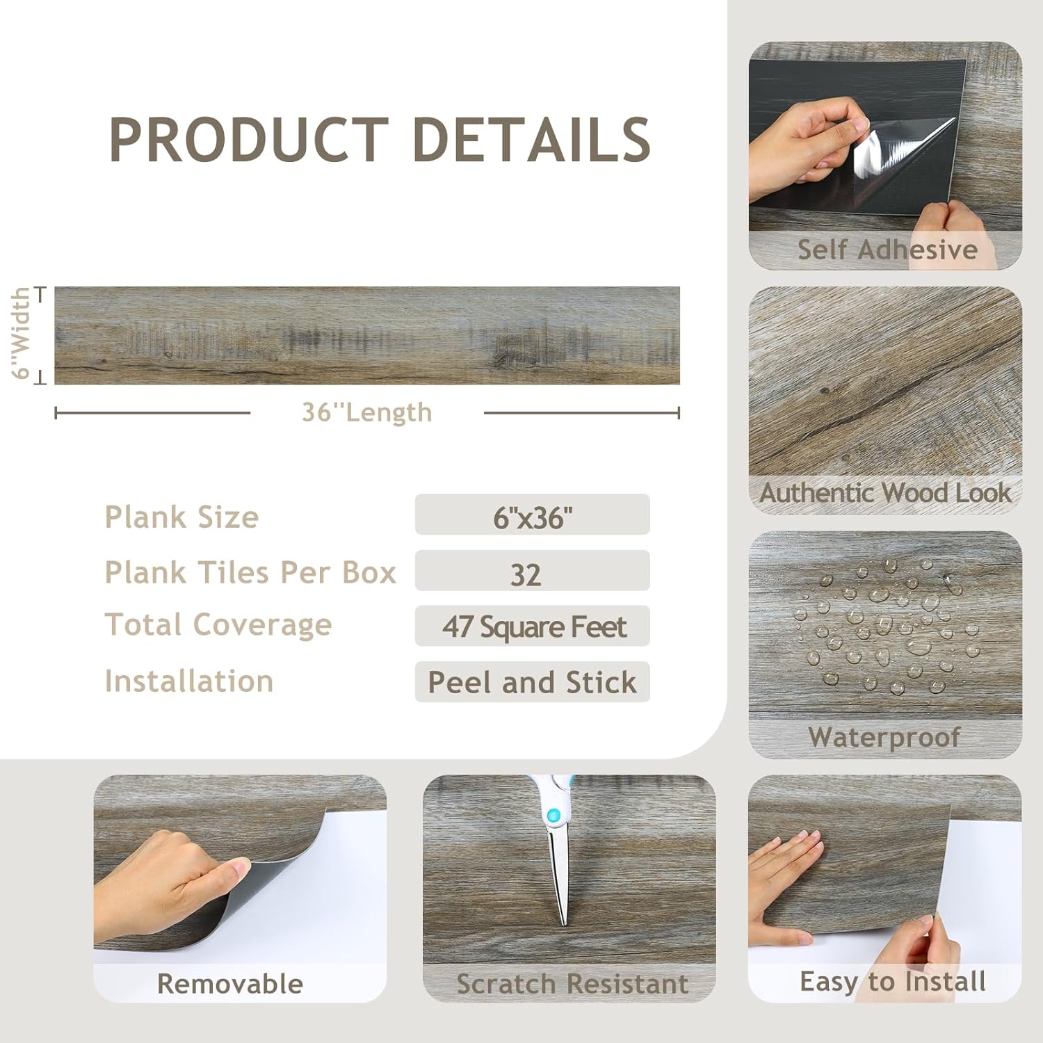 VEELIKE Grey Peel and Stick Floor Tile Waterproof Self Adhesive Barnwood Laminate Flooring 32-Pack 47 Sq. Ft. Wood Vinyl Plank Flooring Peel and Stick Tile Floor for Kitchen Bedroom Bathroom 6''x36''