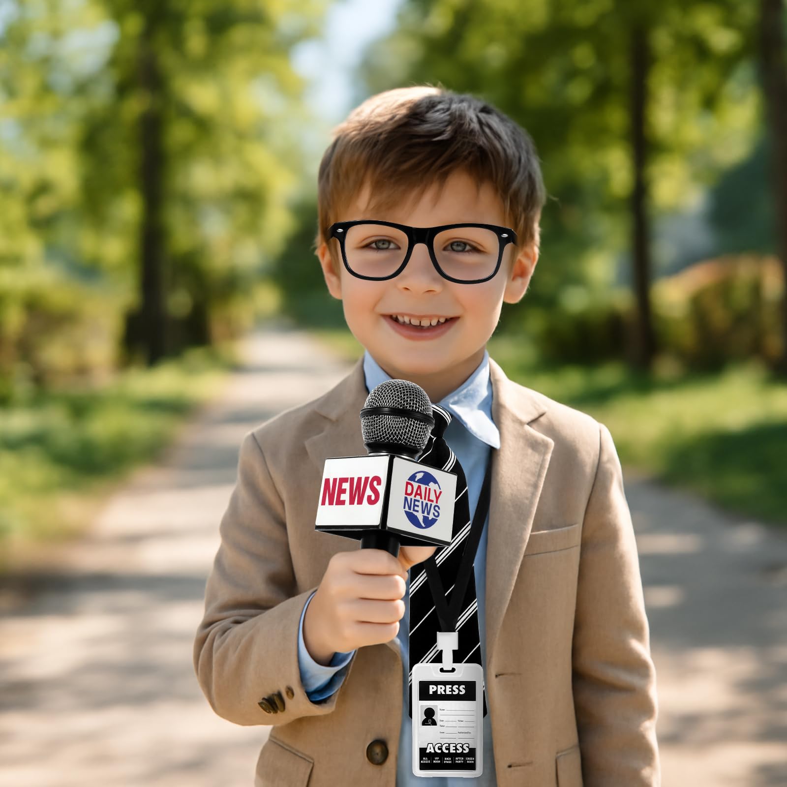 Zestaw rekwizytów do kostiumu reportera dla dzieci, akcesoria dziennikarskie z rekwizytem mikrofonowym, przepustką prasową, wstępnie zawiązanym krawatem, czarnymi sztucznymi okularami na