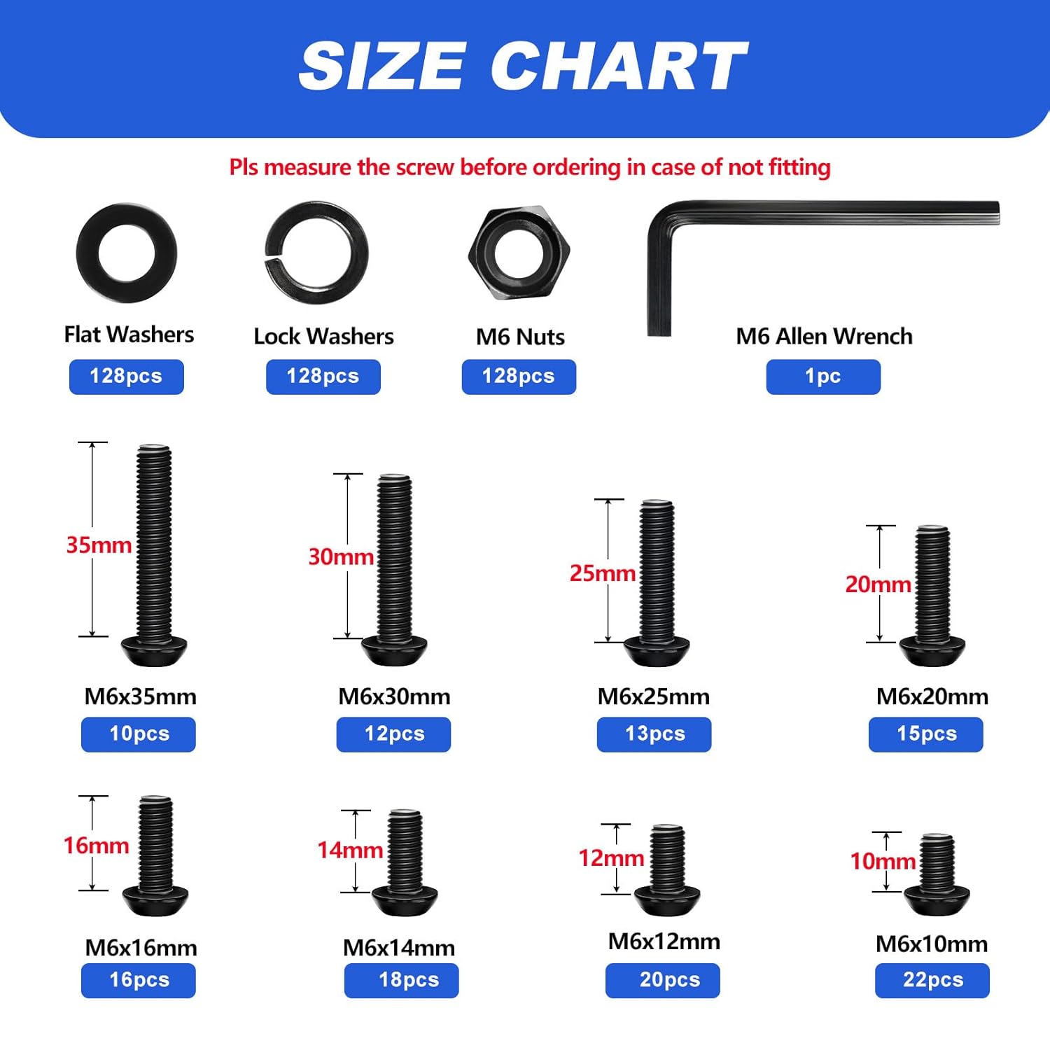 Besitu M6 Bolt Assortment Kit, 510Pcs M6 x 10/12/14/16/20/25/30/35mm Button Head Hex Socket Cap Screws Bolts Nuts Washer Assortment Kit 12.9 Grade Alloy Steel Black Galvanized