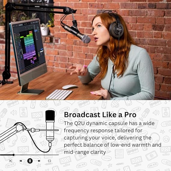 Samson Q2U USB and XLR Handheld Dynamic Microphone with Cardioid Polar Pattern (White) Bundle with Desktop Boom Arm Microphone Stand and Pop Filter for Broadcasting and Recording Microphones (3 Items)