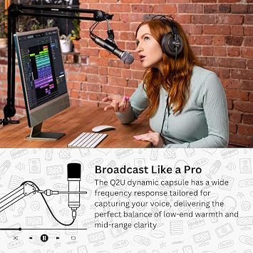 Samson Q2U USB and XLR Handheld Dynamic Microphone with Cardioid Polar Pattern (White) Bundle with Desktop Boom Arm Microphone Stand and Pop Filter for Broadcasting and Recording Microphones (3 Items)