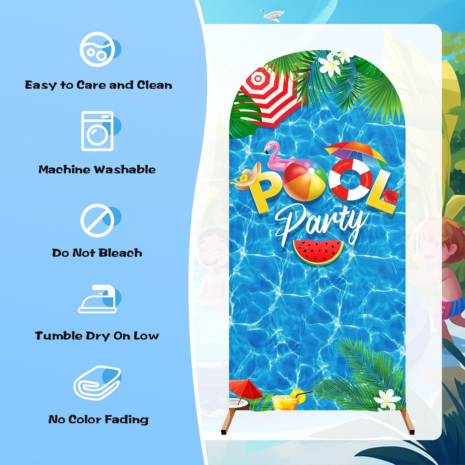 Tingjoo 3 Pcs Pool Party Arch Backdrop Stand Cover Spandex Fitted Hawaiian Theme Arch Cover 4ft, 5ft, 6ft Pool Photo Background Props for Summer Swimming Birthday Party Decoration