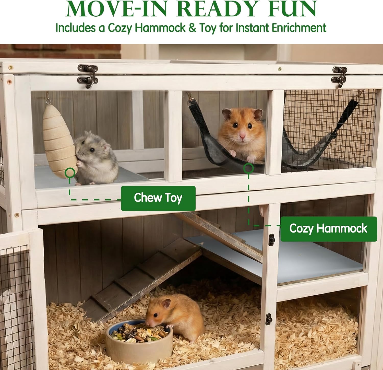 Guinea Pig Cages Indoor, 3-Story Wooden Guinea Pig Cages with Pull-Out Tray, Flip-Open Roof & Habitat, Rabbit Hutch Cage with Stand, Ramp, Cozy Hammock