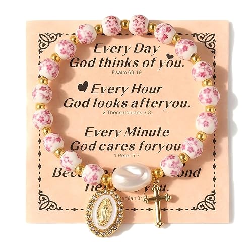 Virgin Mary Cross Bracelet,Blue Ceramic Pearl Rosary Bracelets with Miraculous