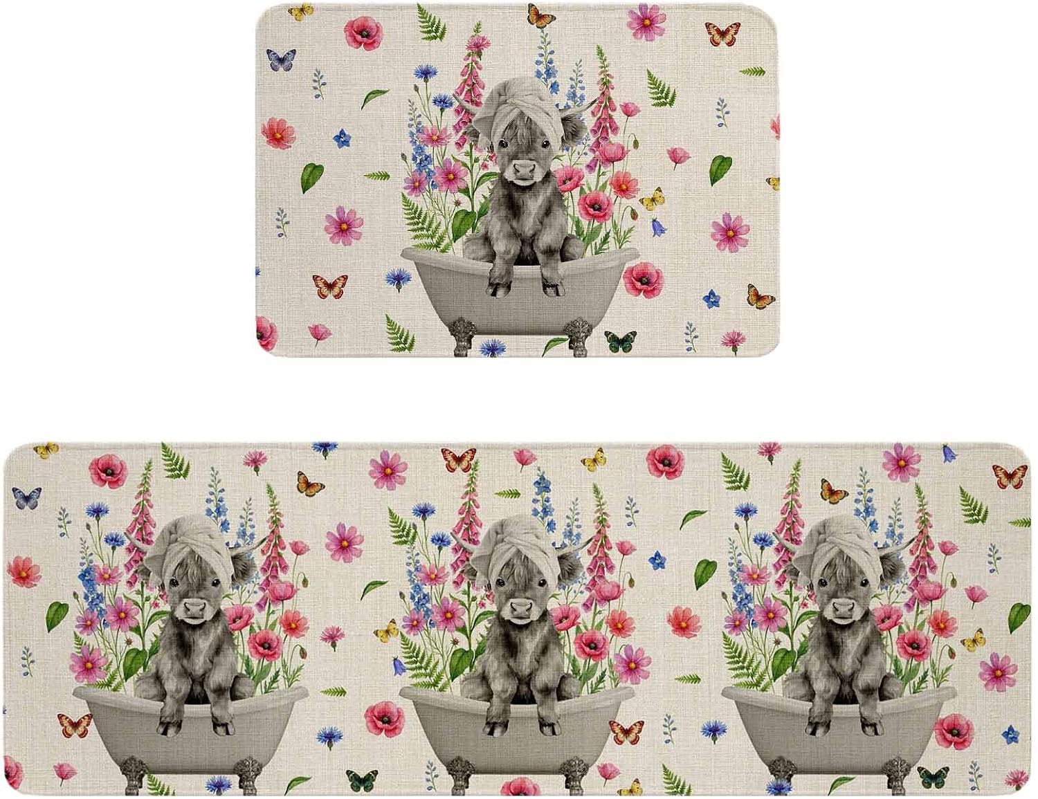 Pink Flowers Yak Kitchen Rugs and Mats Set of 2, Non-Slip Kitchen Sink Mat, Vintage Spring Floral Bathtub Watercolor Washable Doormat Bathroom Rugs Runner for Bedroom 23.6"x35.4"+23.6"x70.9"